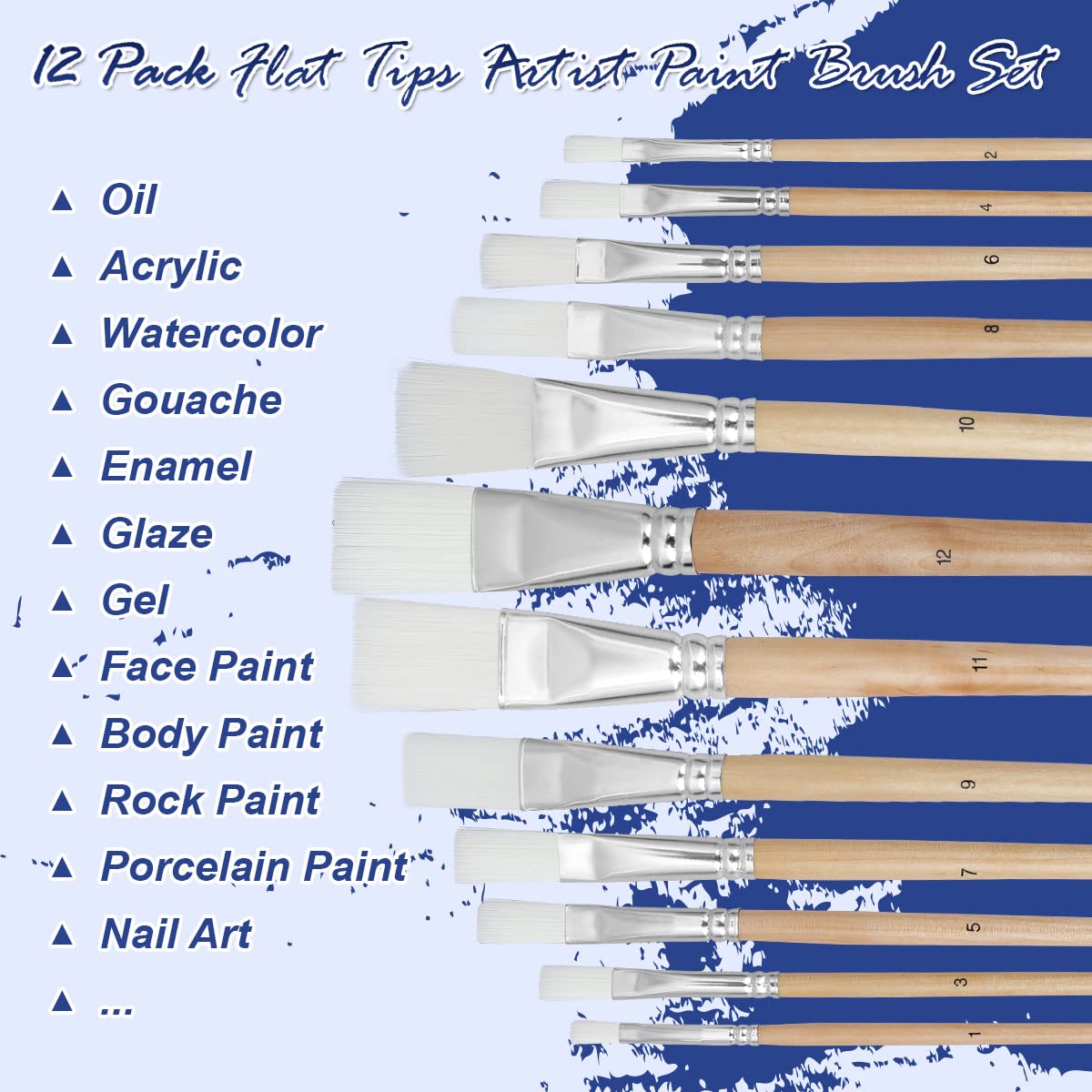 Artkey 12-Pack Professional Flat Tip Paint Brushes Set - Nylon Hair with Long Birchwood Handle for Acrylic, Oil, Watercolor, Gouache & Tempera - Perfect for Canvas Painting, Face Art & Nail Designs - Ideal for Artists, Beginners & DIY Craft Projects