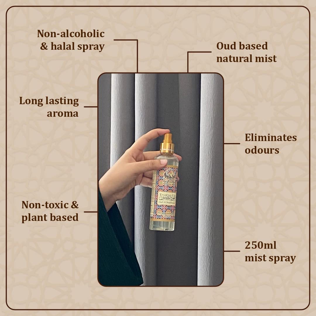 Premium Oud al Madhmoon Arabic Room Spray by Dukhni | 250ml Natural Oud Fragrance Air Freshener | Attar al Faraash for Home, Prayer Mats & Bedding | Sofa Mist, Curtain Spray & Odor Eliminator | Perfect for Living Rooms, Bedrooms & Prayer Spaces