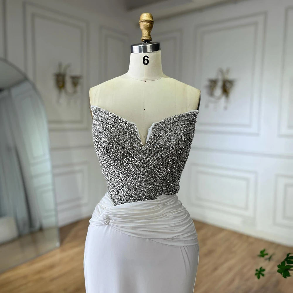 Elegant White Arabic Evening Gown with Crystal Beading - Luxury Dubai Formal Dress with Gloves for Weddings, Galas & Special Occasions LA72758
