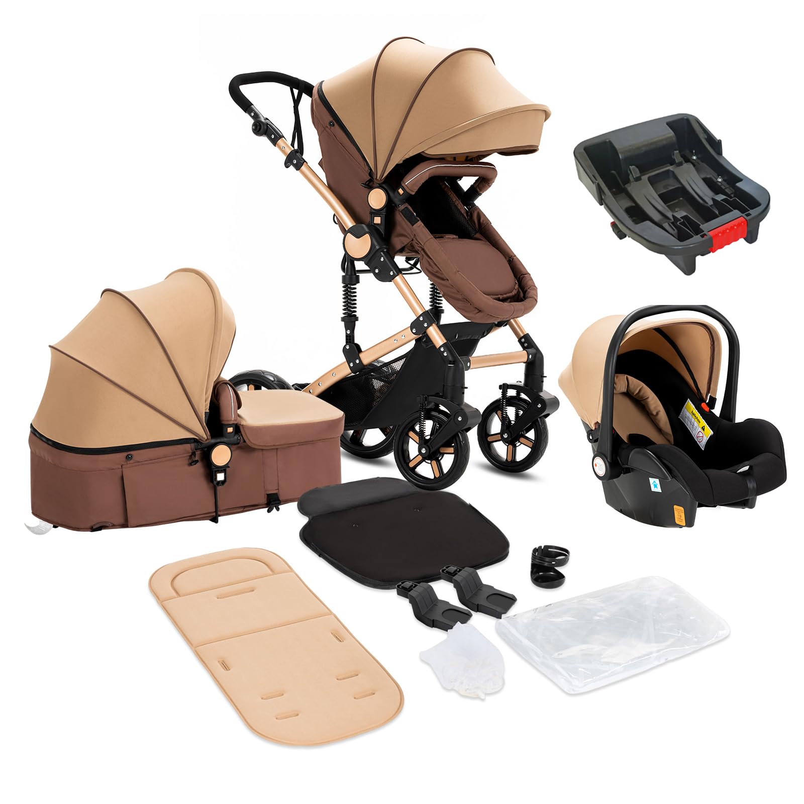 3 in 1 Baby Stroller Travel System Combo Set - Reversible Convertible Infant Stroller with One-Click Folding, Lightweight Aluminum Frame Stroller for Newborn & Toddler (UD588-Khaki with Base) | Perfect for Shopping, Travel & Daily Walks