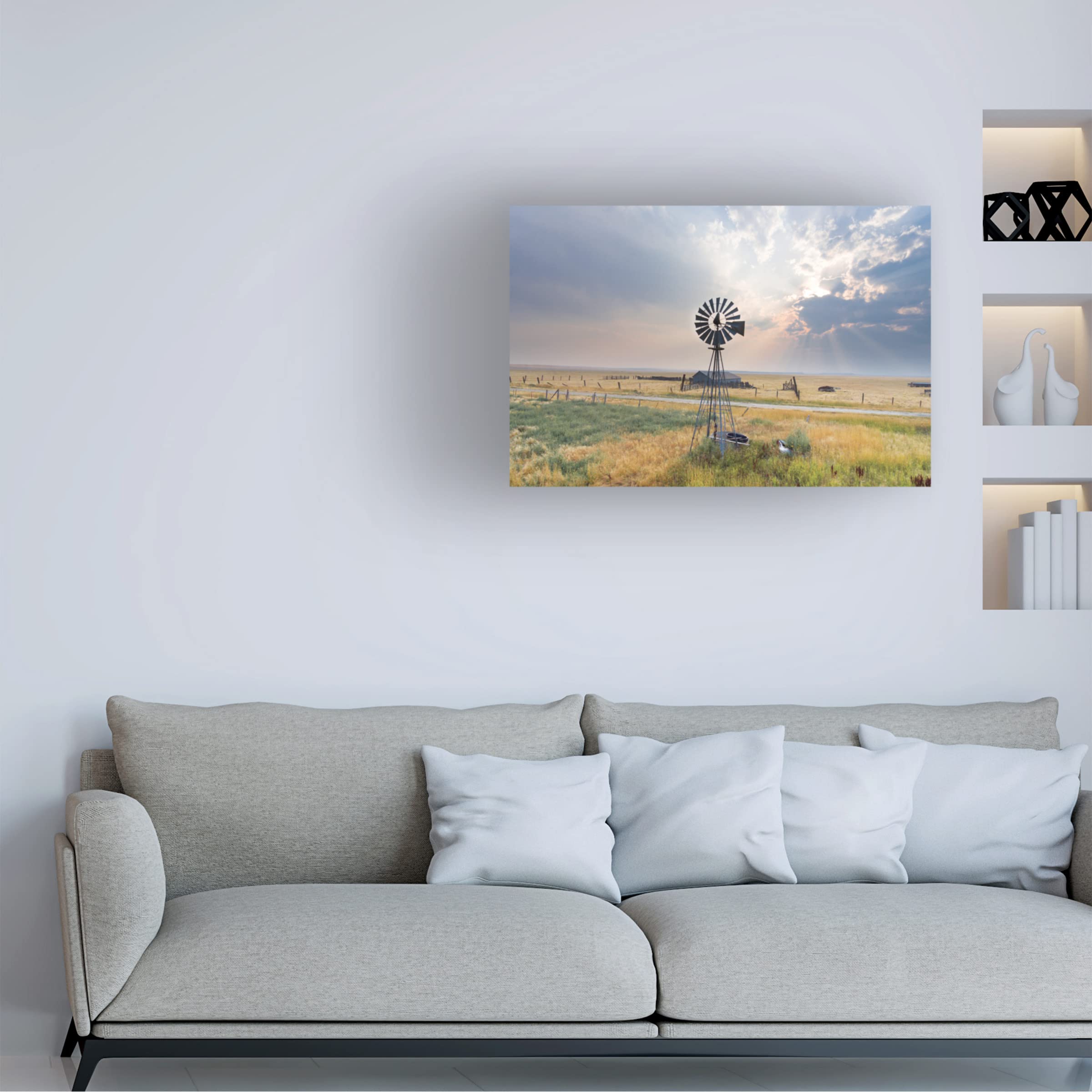 Annie Bailey Art 'Windmill Sunset' Canvas Wall Art Print - Handmade Landscape Painting for Living Room, Bedroom & Office Decor