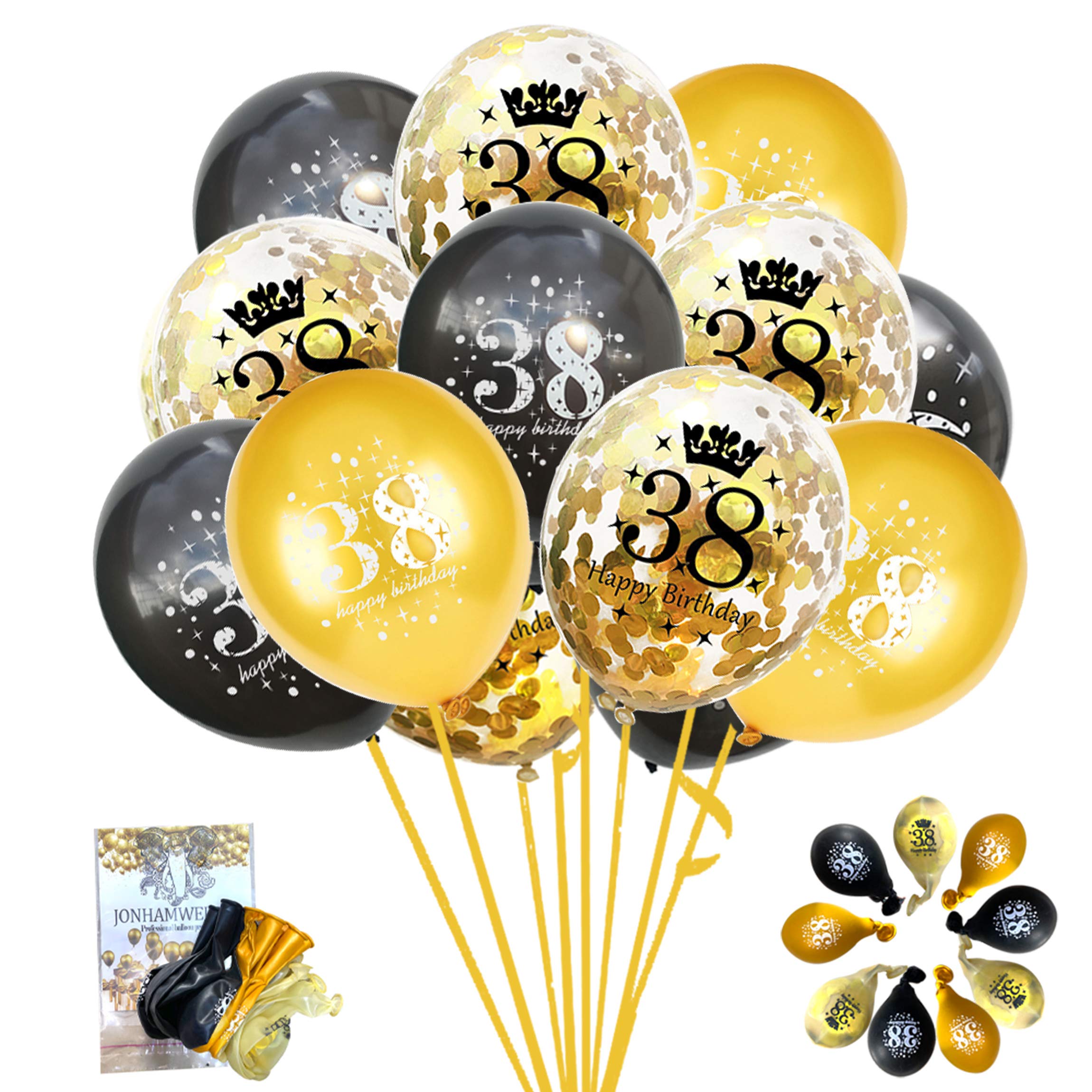 **Jonhamwelbor 38th Birthday Balloons - 15pcs 12 Inch Black Gold Confetti Printed Latex Balloons for Men & Women - Perfect for Birthday Party Decorations, Anniversary Celebrations & Milestone Events**