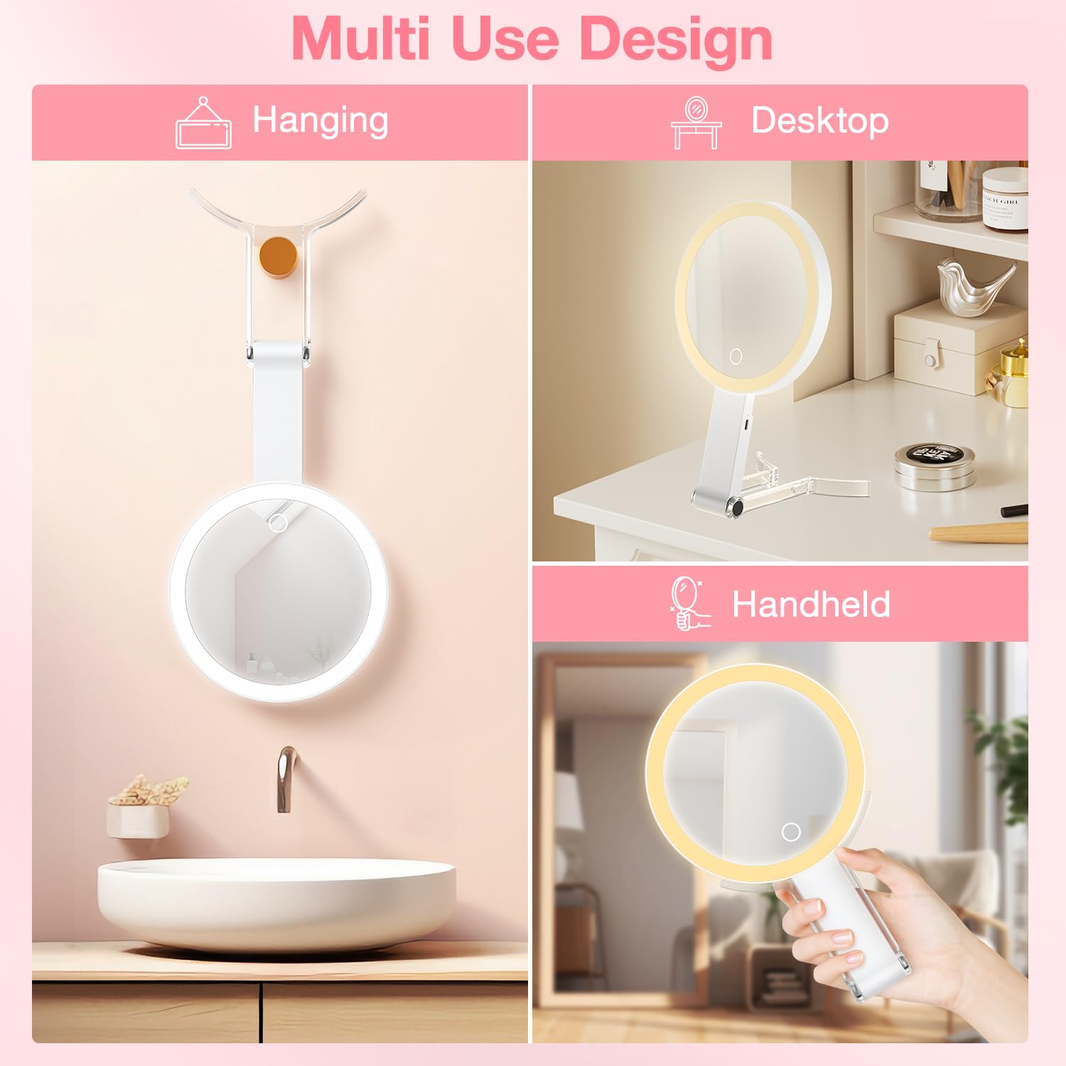 10X Magnifying Travel Makeup Mirror - 3 Color Lights, Adjustable Brightness for Home & Travel