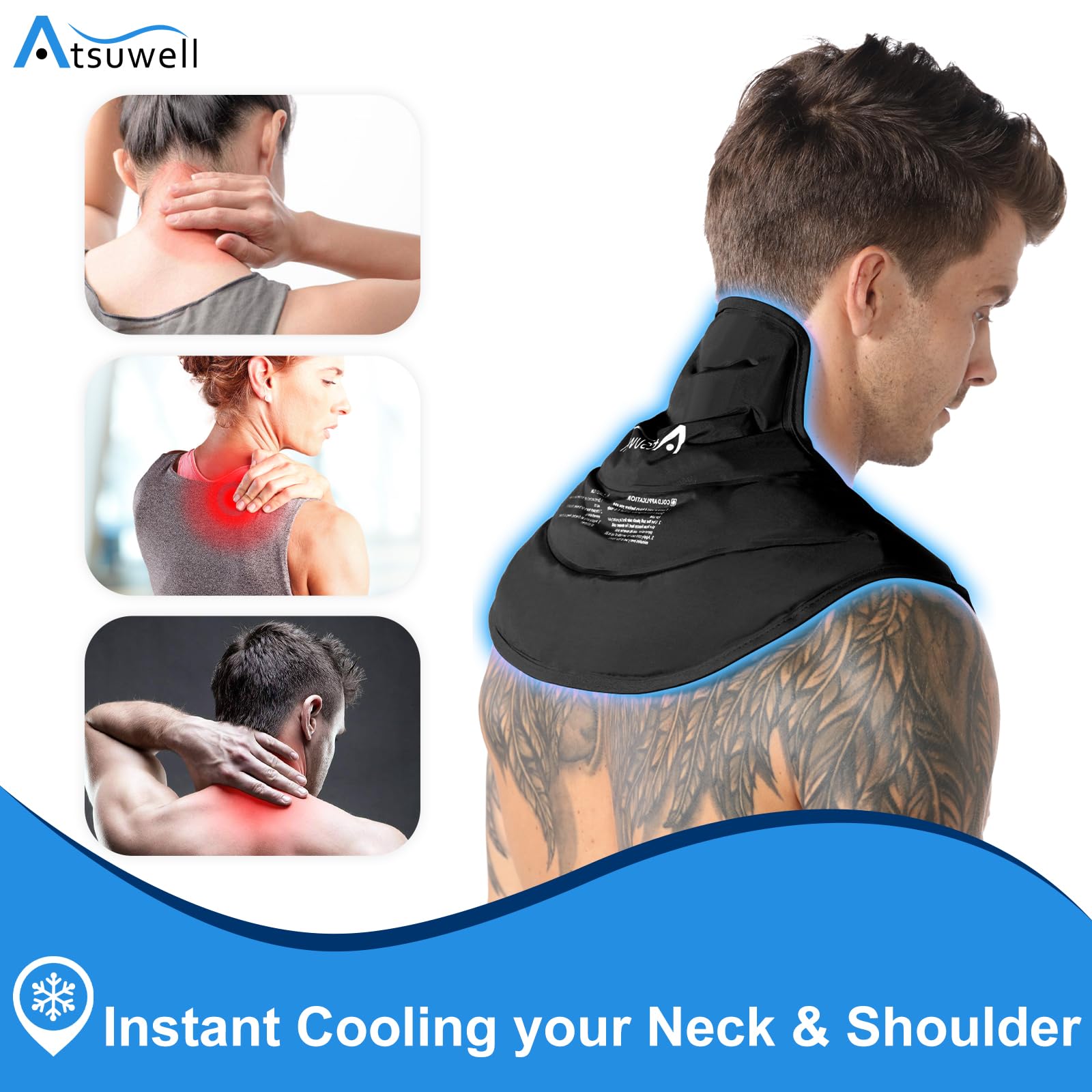 Atsuwell Reusable Gel Ice Pack Wrap for Neck & Shoulders - Cold Compression Therapy for Upper Back Pain Relief - Flexible Neck Shoulder Pad for Men & Women (Black) - Perfect for Sports Injuries, Migraines & Post-Surgery Recovery