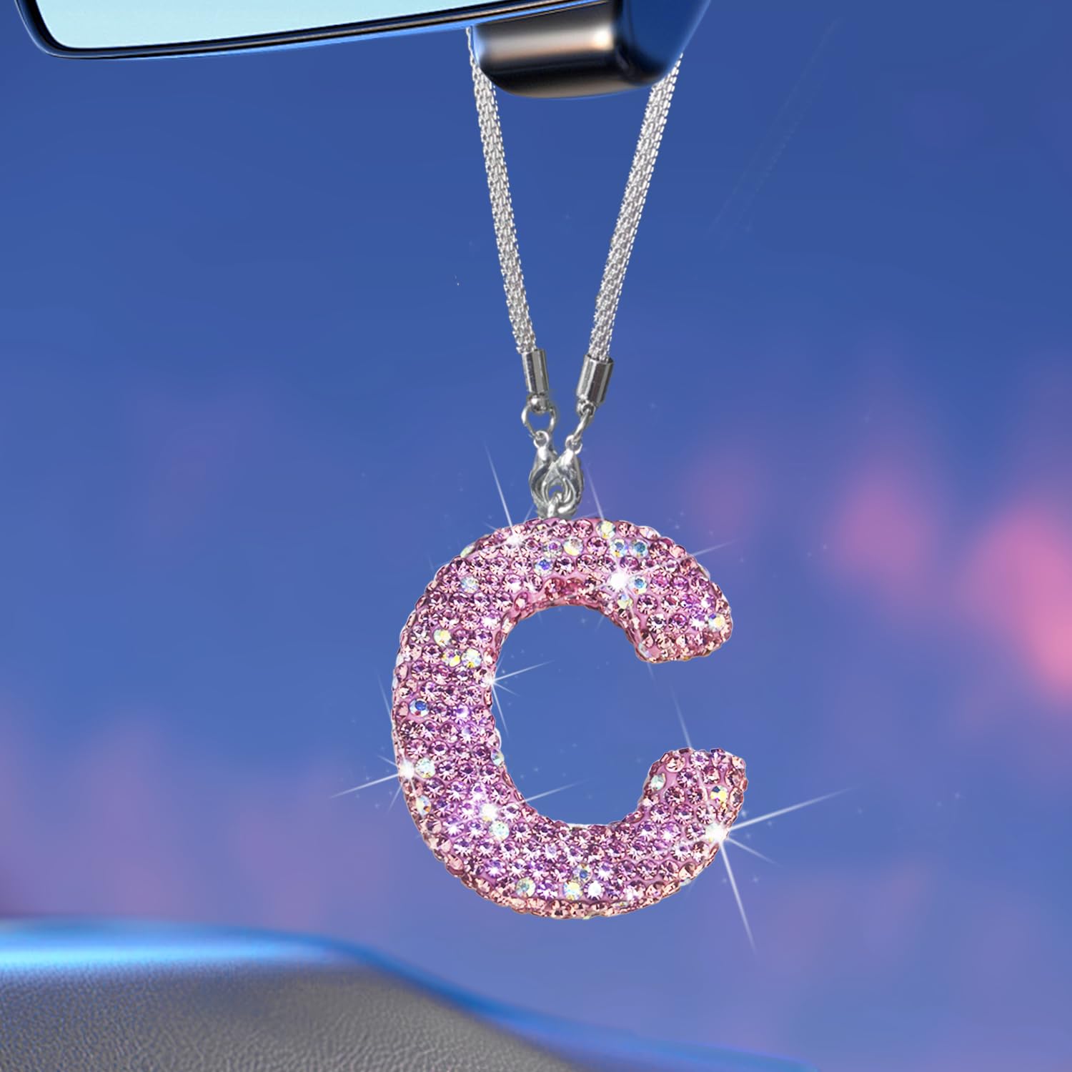 Sparkling Pink Letter Charm Car Accessories for Women - Rainbow Crystal Rearview Mirror Pendant, Girly Rhinestone Decor & Lucky Gift for Her | Perfect for Car Interior Styling, Birthday Presents & Friendship Tokens
