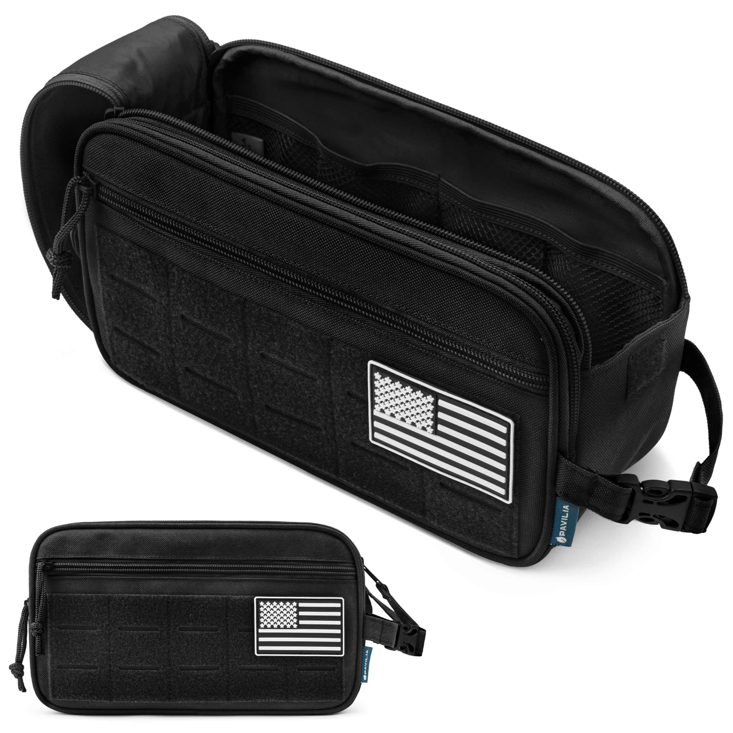 Pavilia Tactical Toiletry Bag for Men - Waterproof Military Dopp Kit with Molle Pouch | Travel Hygiene & Grooming Organizer for Shaving Essentials | Perfect for Camping, Gym & Business Trips (Black)