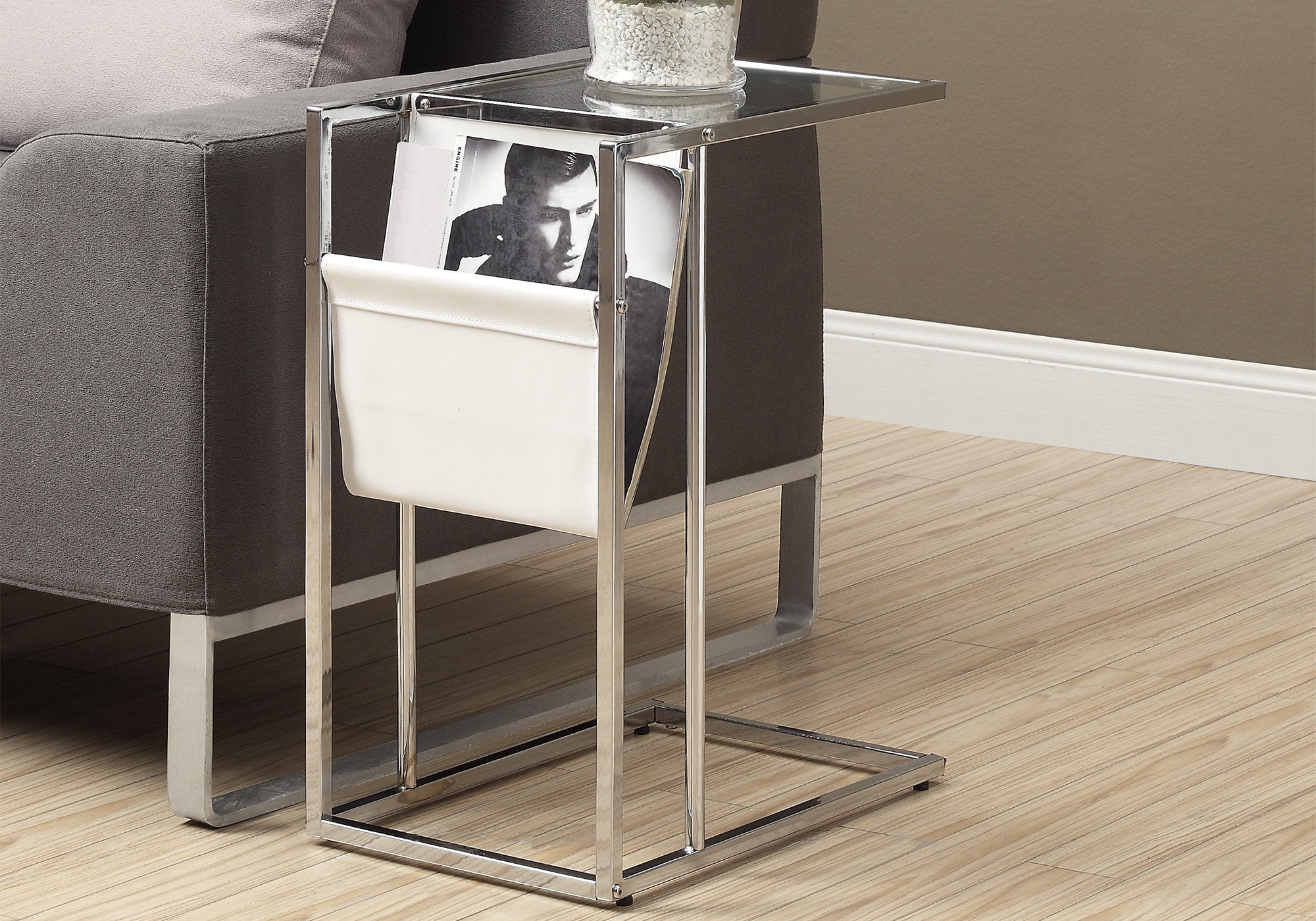 Modern White & Chrome Metal Accent Table with Magazine Rack - Perfect for Living Room, Bedroom, or Office Décor