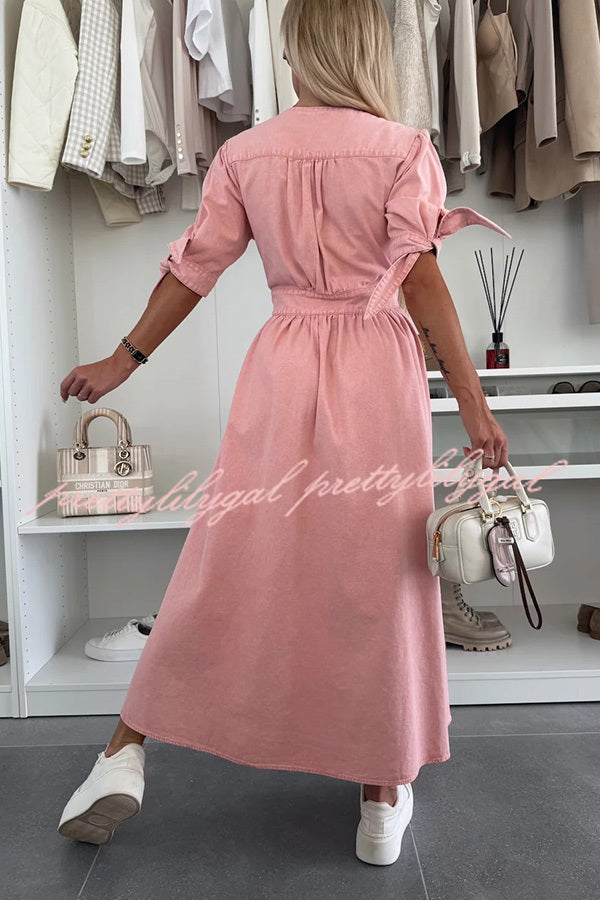 Stylish Solid Color V-Neck Button Down Denim Midi Dress for Women | Casual & Office Wear | Perfect for Spring & Summer Outings