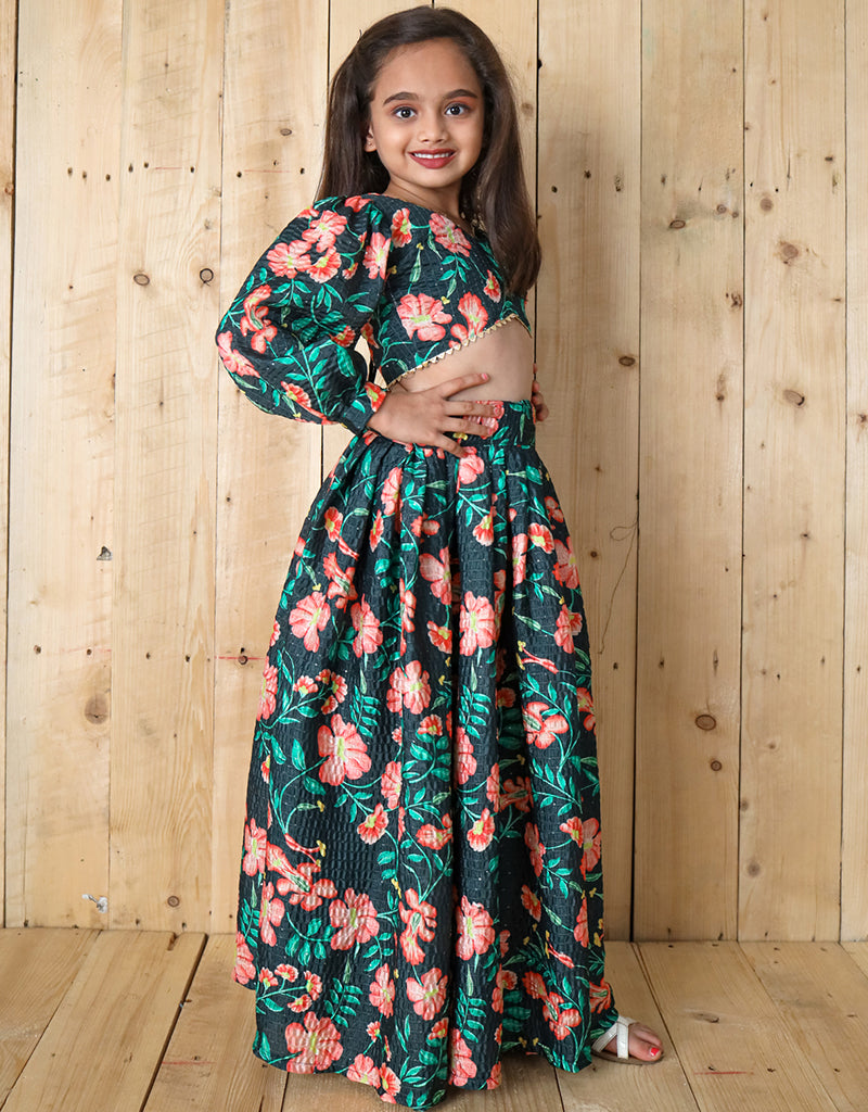 Stylish All-Season Kids Lehenga Choli Set - Green Digital Print with Sequins & Crochet Details for Festivals, Weddings & Special Occasions