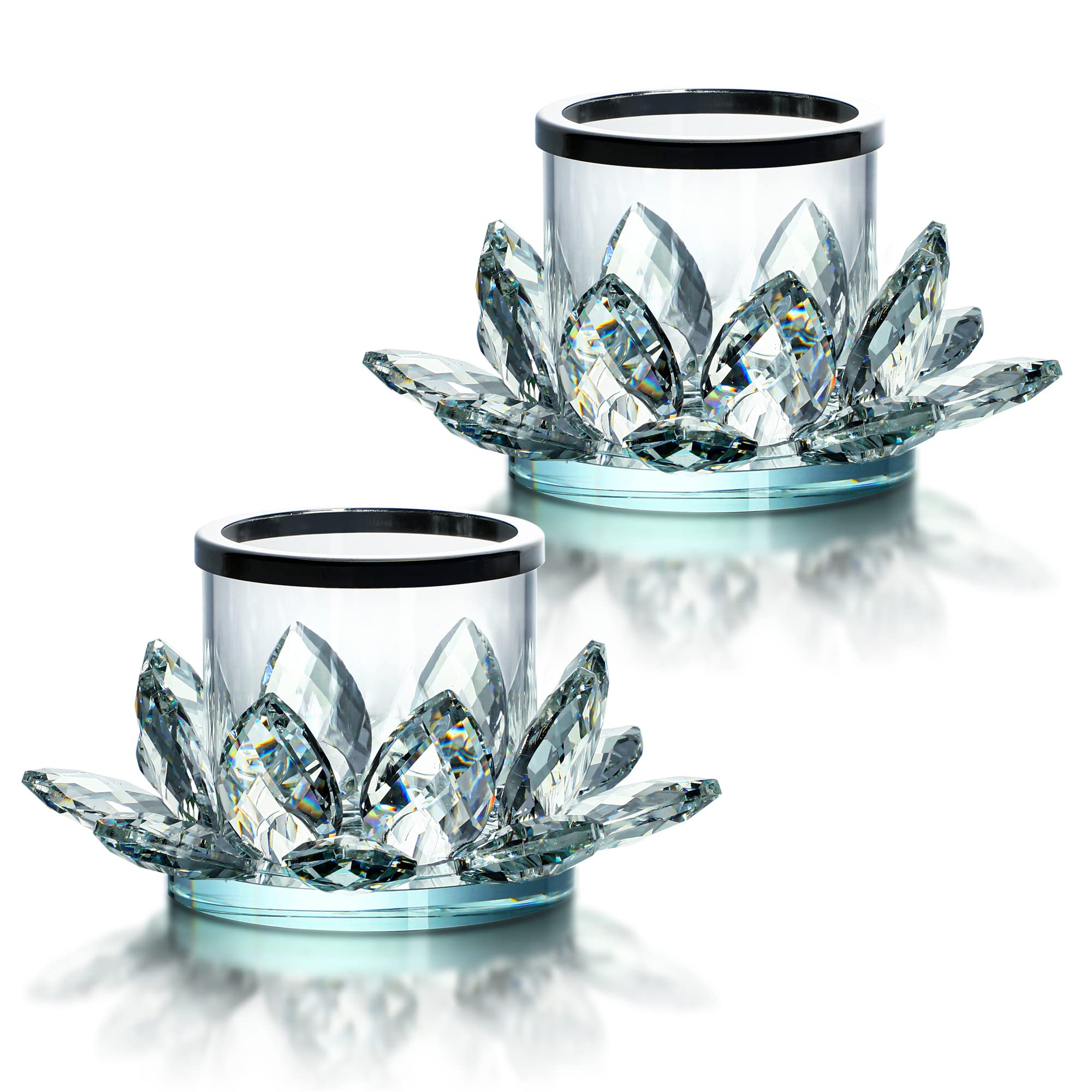 Clear Lotus Hurricane Candle Holder - Set of 2 Elegant Flower Tealight Holders for Home Decor, Wedding Centerpieces & Meditation Spaces