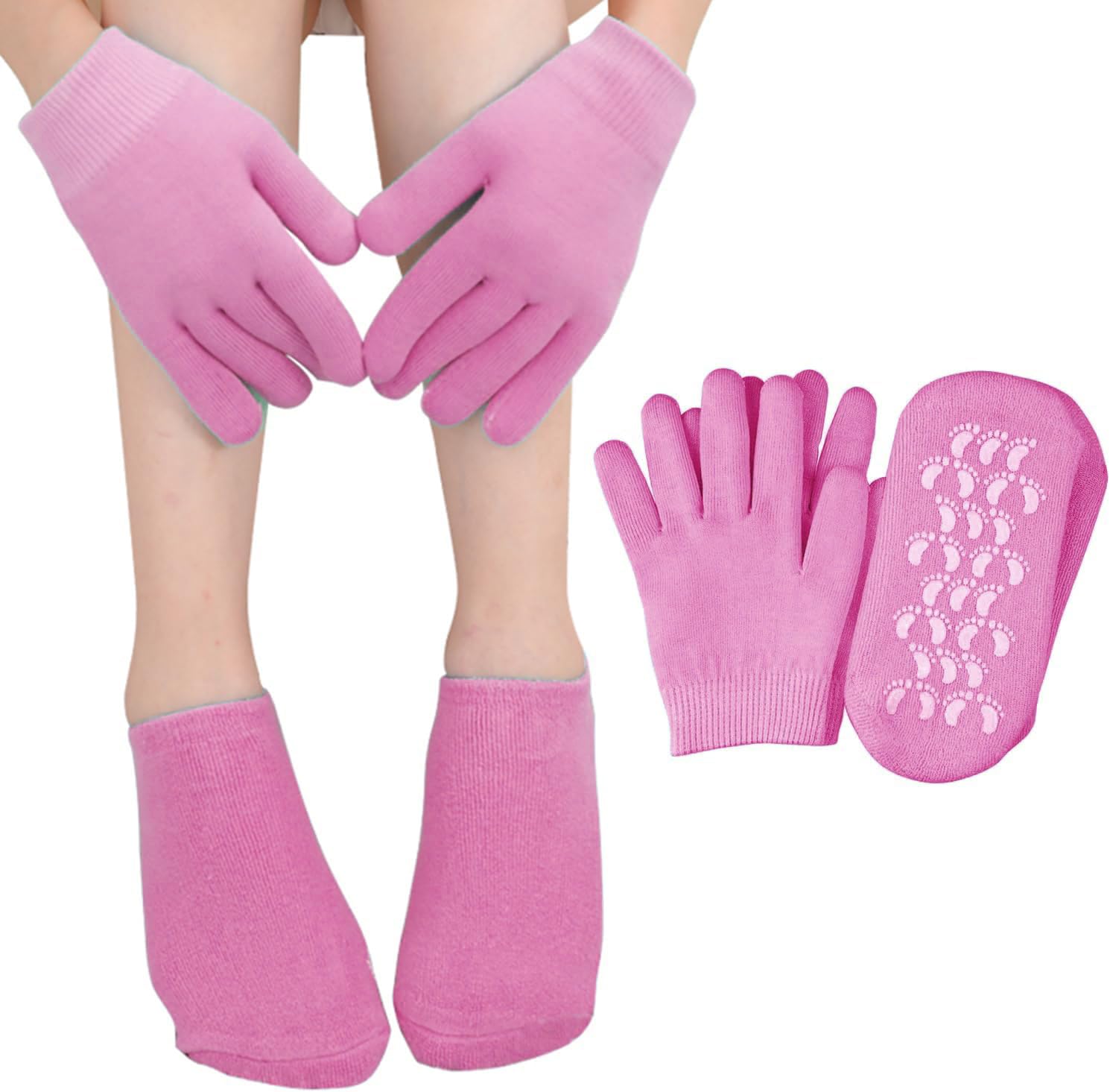 Style Keepers 4Pcs Moisturizing Gloves and Socks Set - Gel Spa Therapy for Dry, Cracked Hands & Feet - Soften & Repair Rough Skin - Pink Hand & Foot Care Kit - Perfect for Night Treatment, Winter Care & Home Spa Relaxation