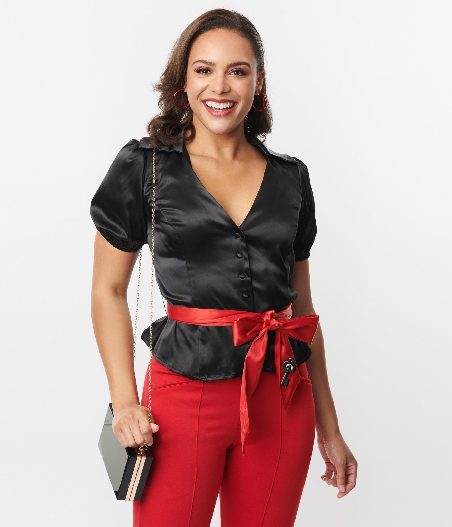 Vintage Black & Red Lock & Key Sashed Blouse - Retro Style Women's Top for Date Night & Special Occasions