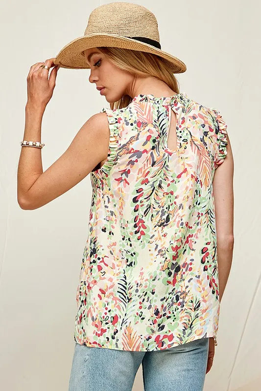 Stylish Plus Size Graphic Print Ruffle Trim Mock Neck Sleeveless Blouse for Women | Trendy Casual Summer Tops for Outings & Date Nights