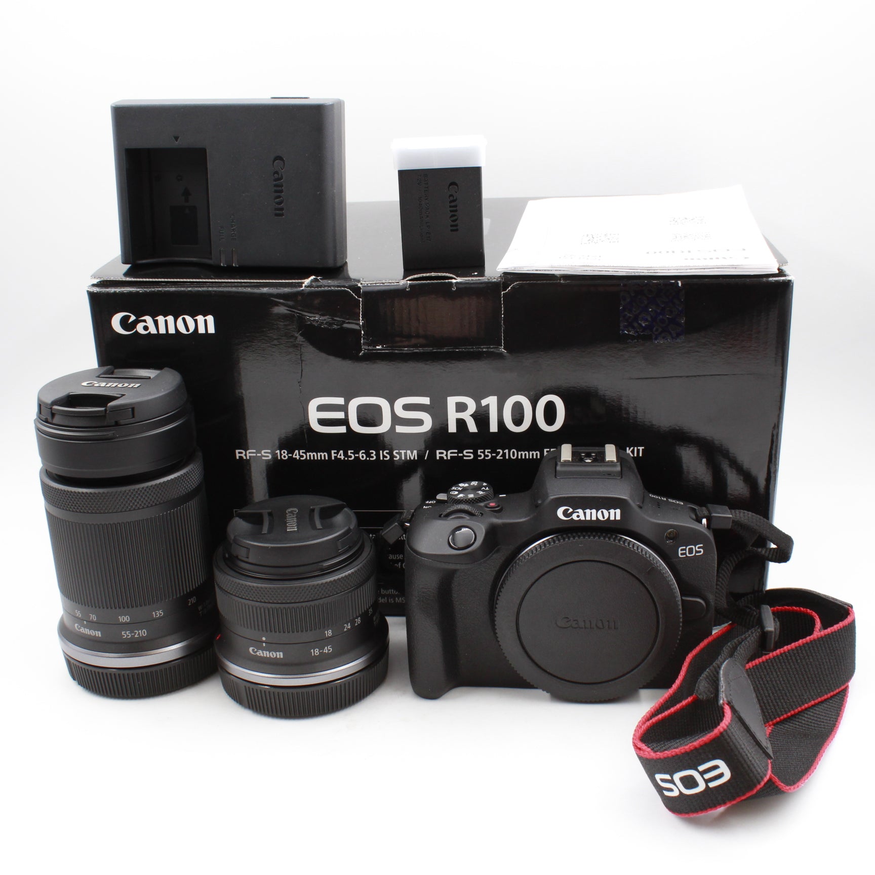 Open Box Excellent Condition Canon EOS R100 Mirrorless Camera with RF-S 18-45mm f/4.5-6.3 IS STM Lens & RF-S 55-210mm f/5-7.1 IS STM Lens Kit - Perfect for Travel Photography, Vlogging, and Professional Shooting