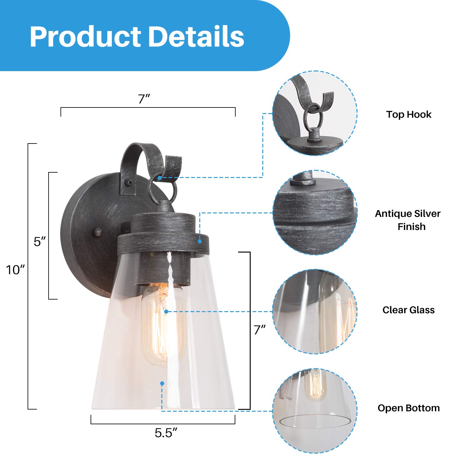 2 Pack LOG BARN Outdoor Wall Sconce Lights - Antique Silver Finish with Clear Glass, Wall Mount Porch Lighting Fixtures for House, Garden, Patio, Deck, and Entryway