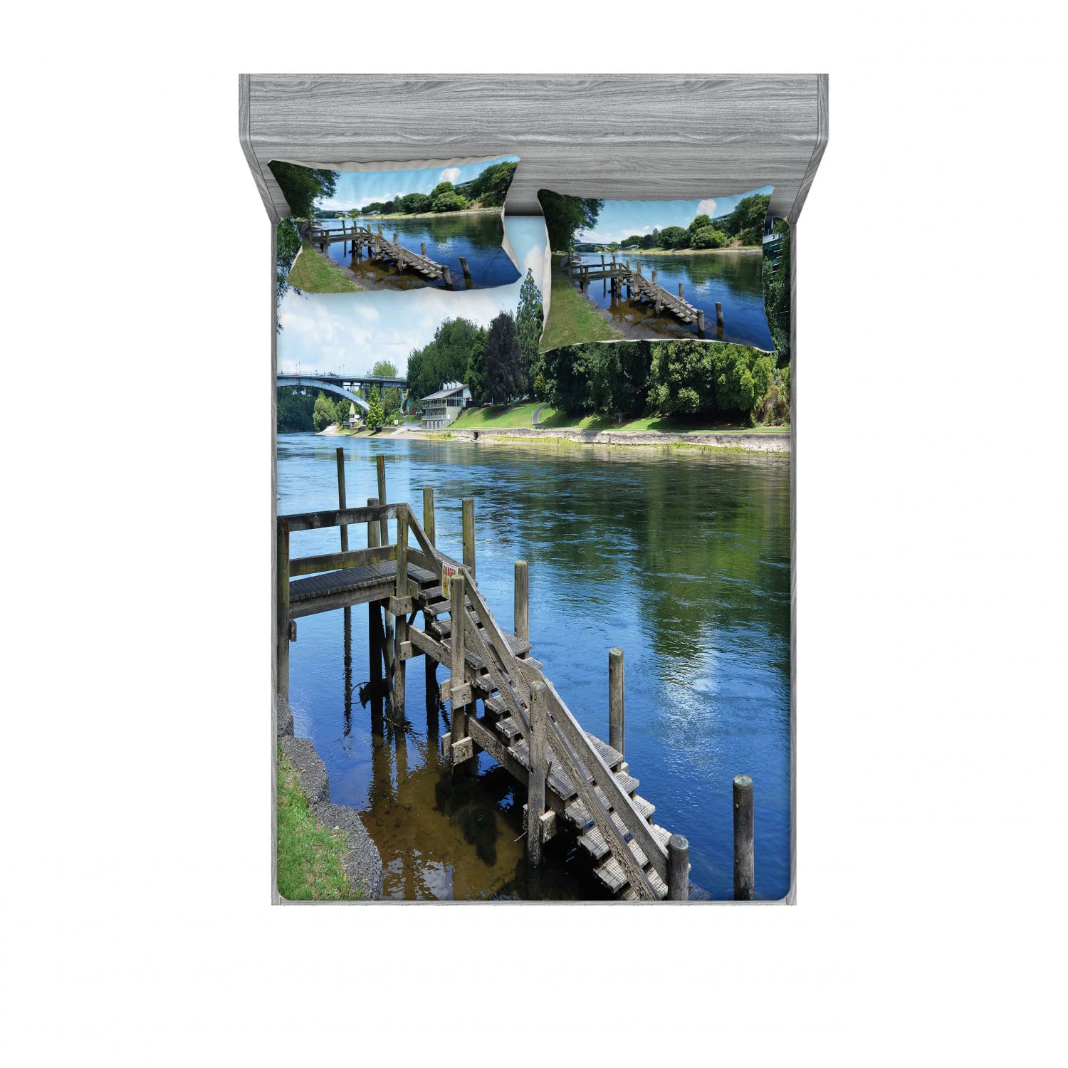 Ambesonne 2-Pack Queen Size Fitted Sheet & Pillow Sham Set - Waikato River Hamilton Design - 4-Piece Bedding Set in Green Blue Grey - Perfect for Outdoor Camping, Guest Rooms & Vacation Homes