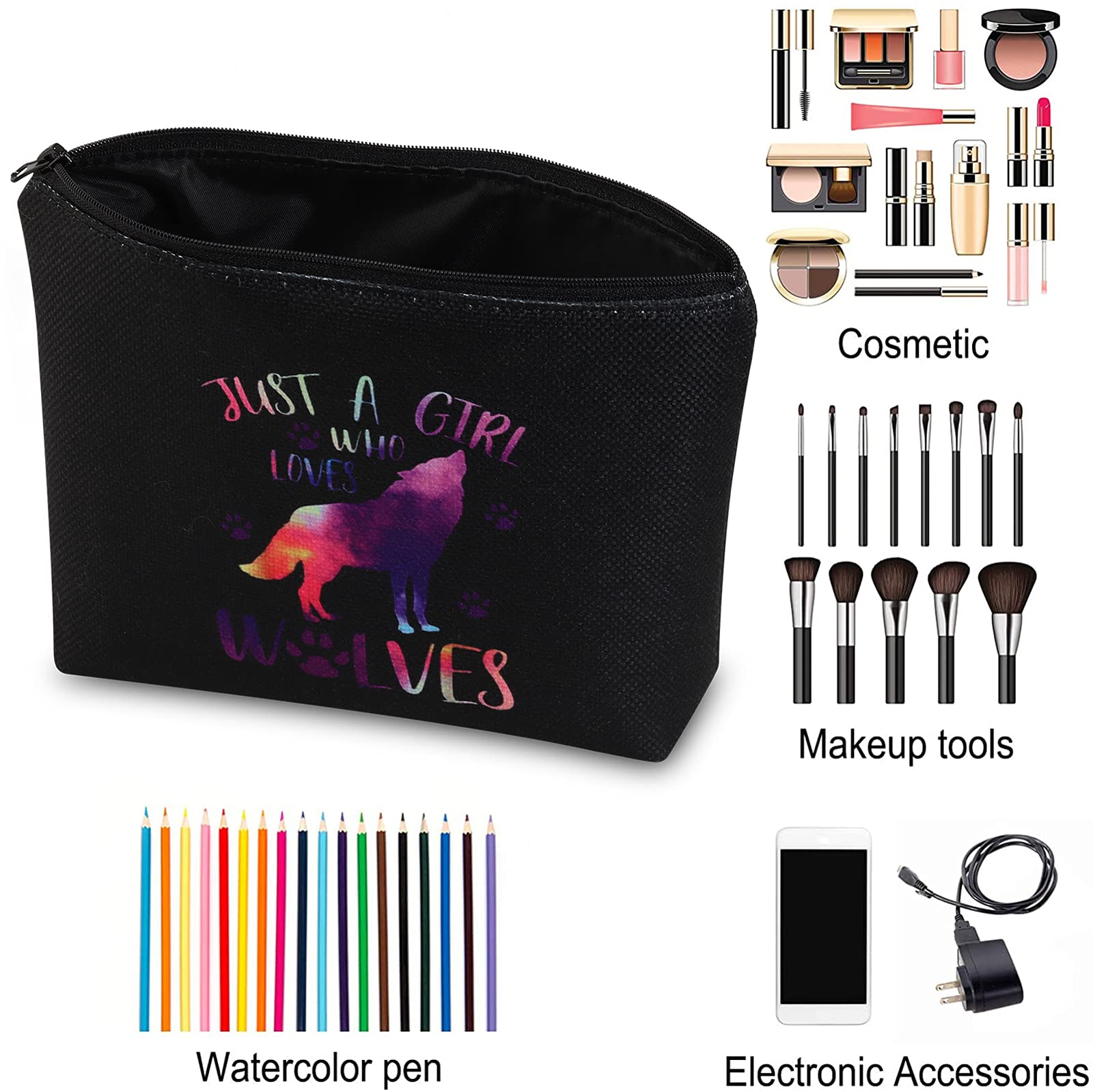 Howling Wolf Makeup Bag - Wolf Lover Gift, Cosmetic Zipper Pouch, Travel Toiletry Bag for Women - Perfect for Travel, Gym & Daily Essentials (Black Wolf Design)
