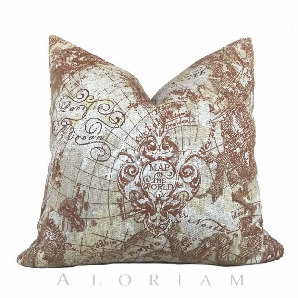Vintage Magellan Old World Map Print Pillow Cover - Brown Beige Linen Throw Pillow Case for Sofa, Bed & Home Decor - 18x18 Inches