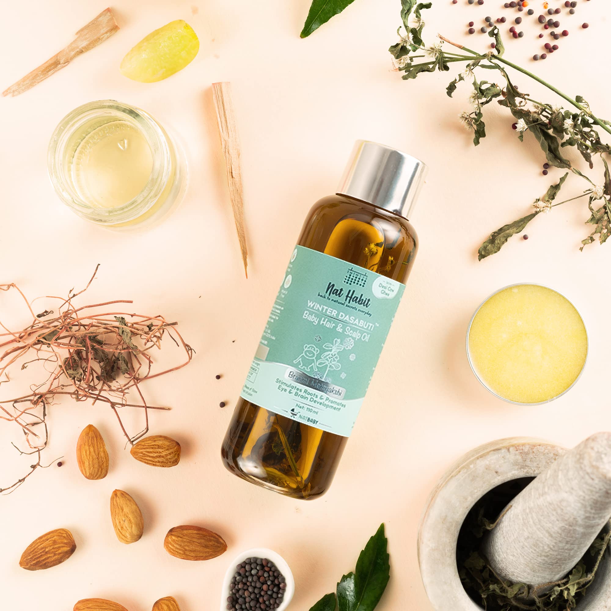 Nat Habit Baby Scalp & Hair Oil 110ml - Brahmi Matsyakshi Dasabuti Oil for Healthy Hair Growth | Prevents Cold, Boosts Immunity | Ideal for Newborns, Infants & Toddlers for Daily Hair Care & Massage