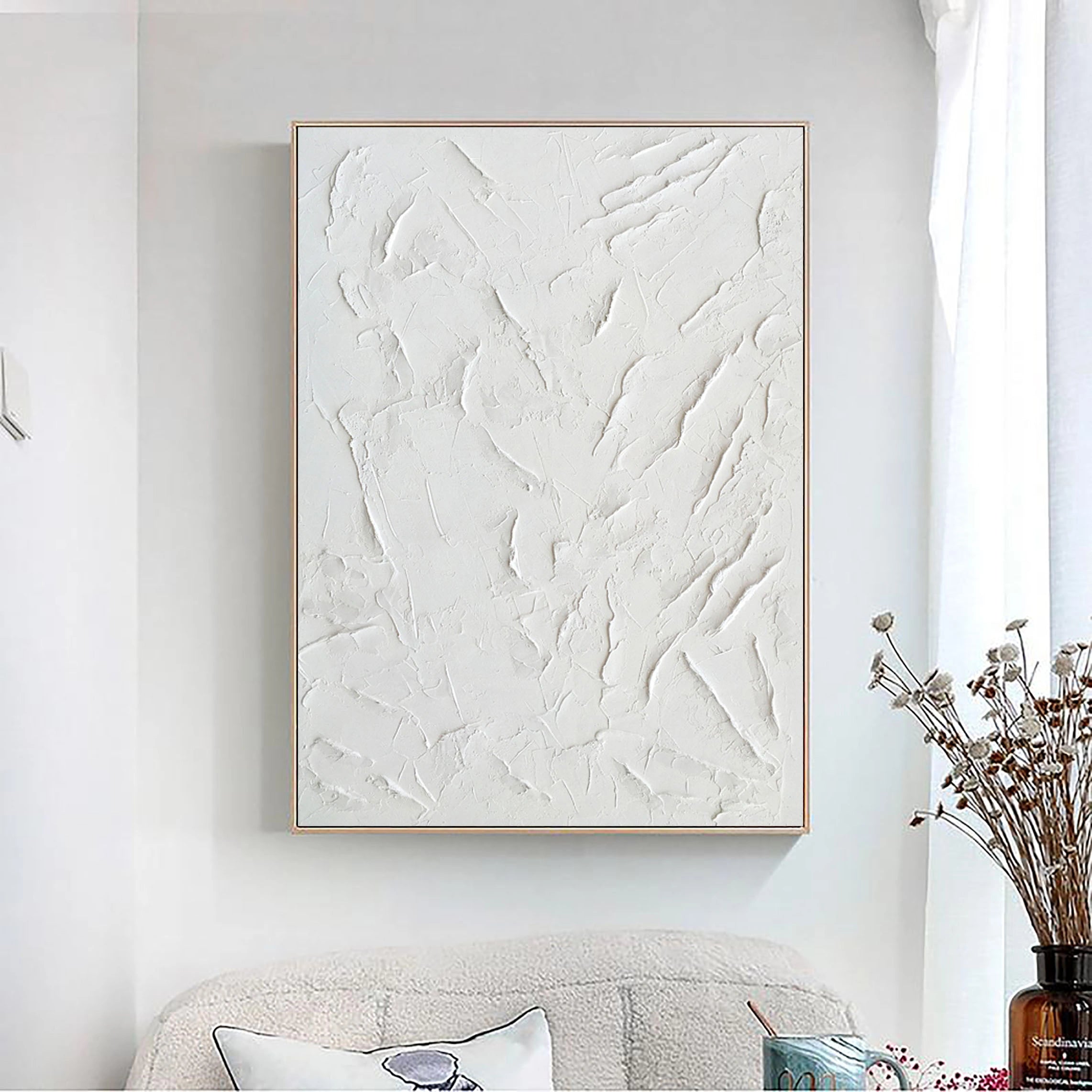 White Minimalist Textured Painting Canvas Wall Art #MM004 - Vertical Modern Abstract Artwork for Living Room, Bedroom & Office Decor