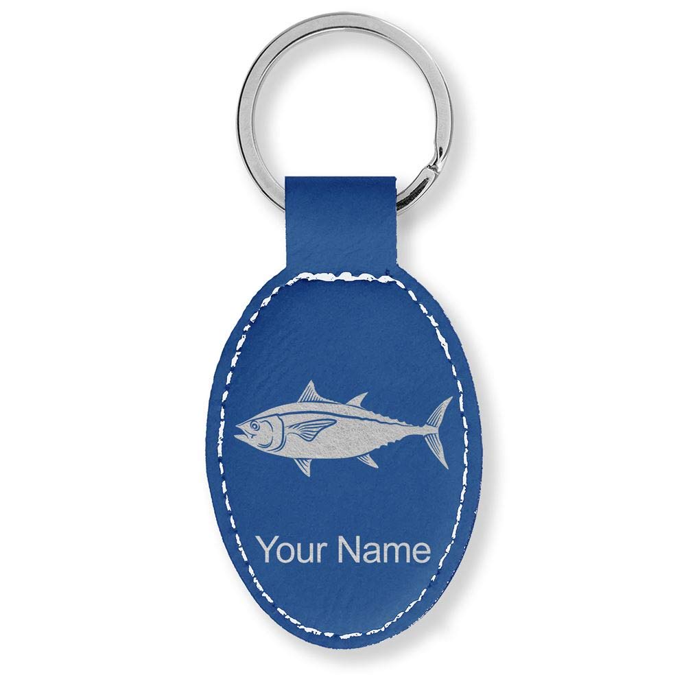 Personalized LaserGram Oval Keychain - Custom Engraved Tuna Fish Design in Dark Blue | Perfect Gift for Fishermen, Marine Enthusiasts & Keychain Collectors