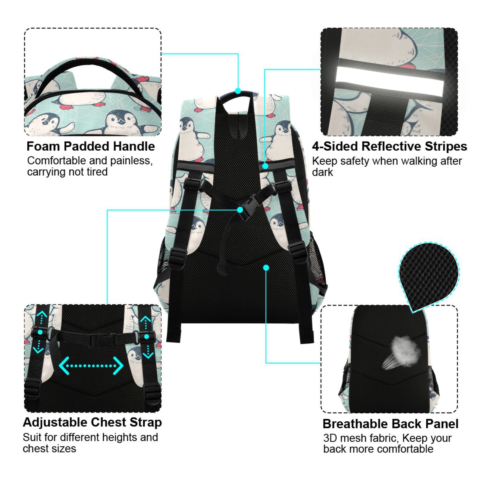 Cute Penguins School Backpack for Boys & Girls - Lightweight Travel Backpack with Wide Comfortable Shoulder Straps & Reflective Strips - Perfect for College, Casual Daypack, Hiking & Outdoor Activities