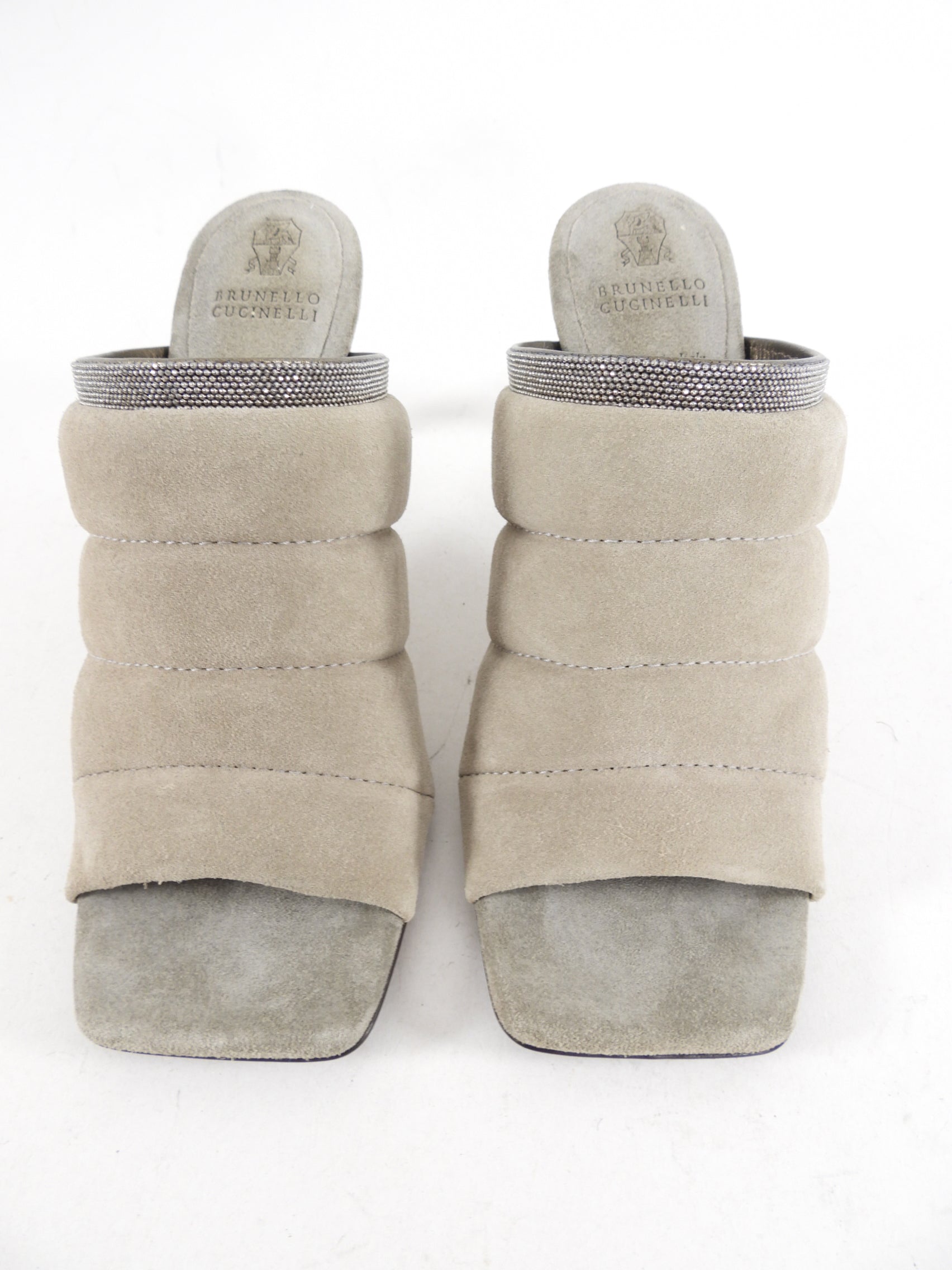 Brunello Cucinelli Grey Suede Padded Monili Mule Sandals - Women's Size 36.5/37 EU (5.5/6 US) - Comfortable Luxury Slide Sandals for Summer, Beach & Casual Outings