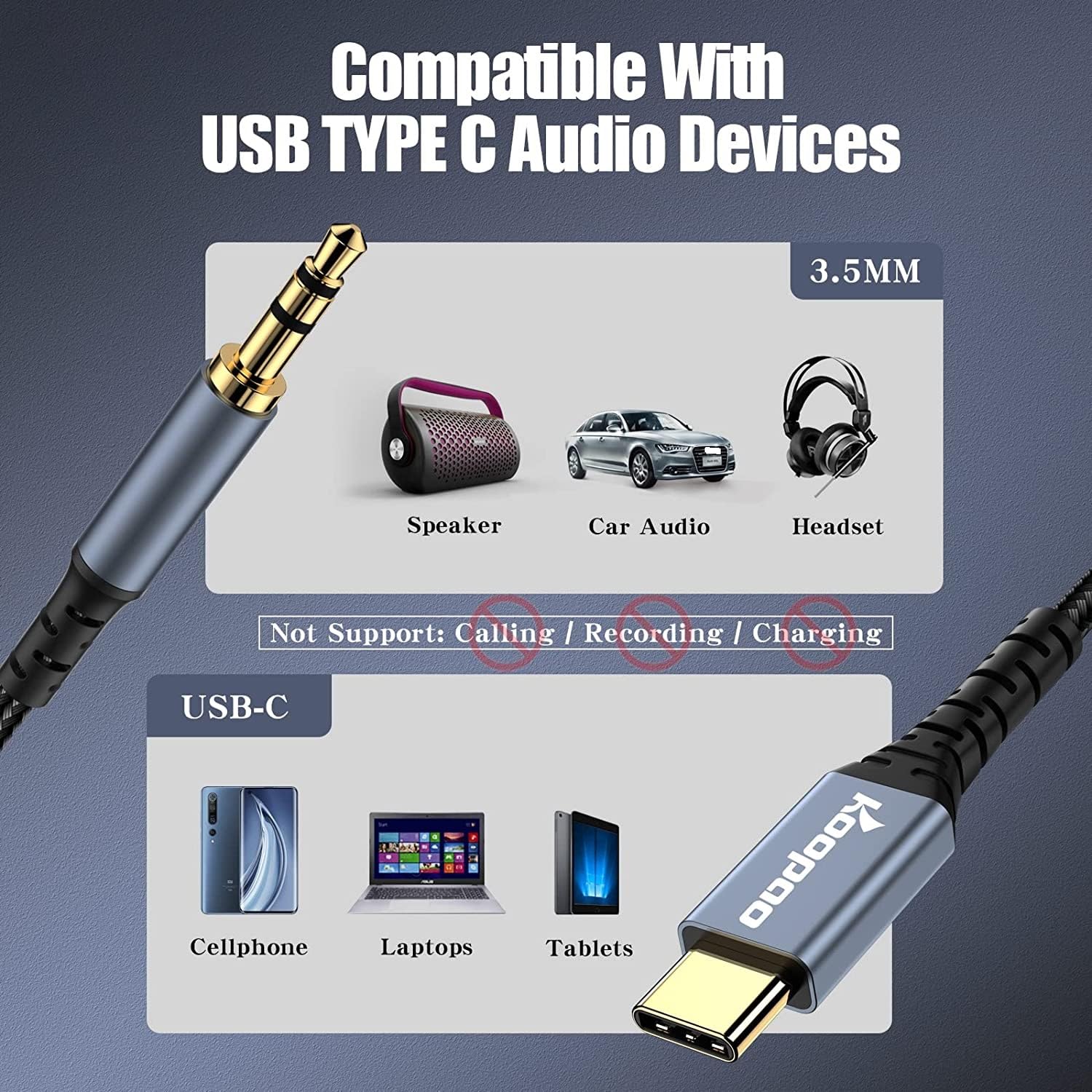 KOOPAO USB C to 3.5mm Audio Aux Jack Cable, 3.3Ft Type C to Headphone Stereo Adapter for iPhone 15/16 Pro Max, Galaxy S24/S23/S22/S21, iPad Pro, Pixel 4/5XL - Car, Home & Travel Use