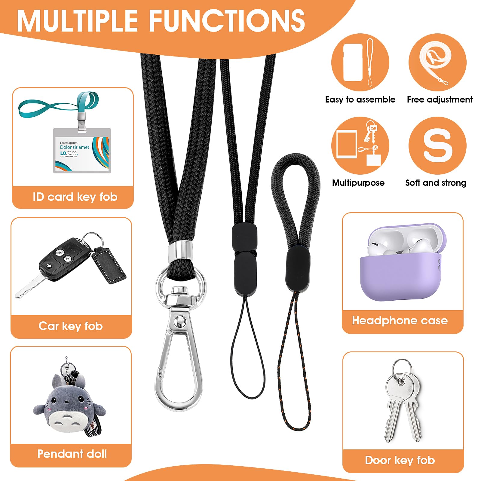 Simarro Universal Cell Phone Lanyard - Adjustable Crossbody Neck Strap with Wrist & Finger Loops - Includes 4× Phone Patches (Black) - Perfect for Work, Travel, Shopping & Outdoor Activities