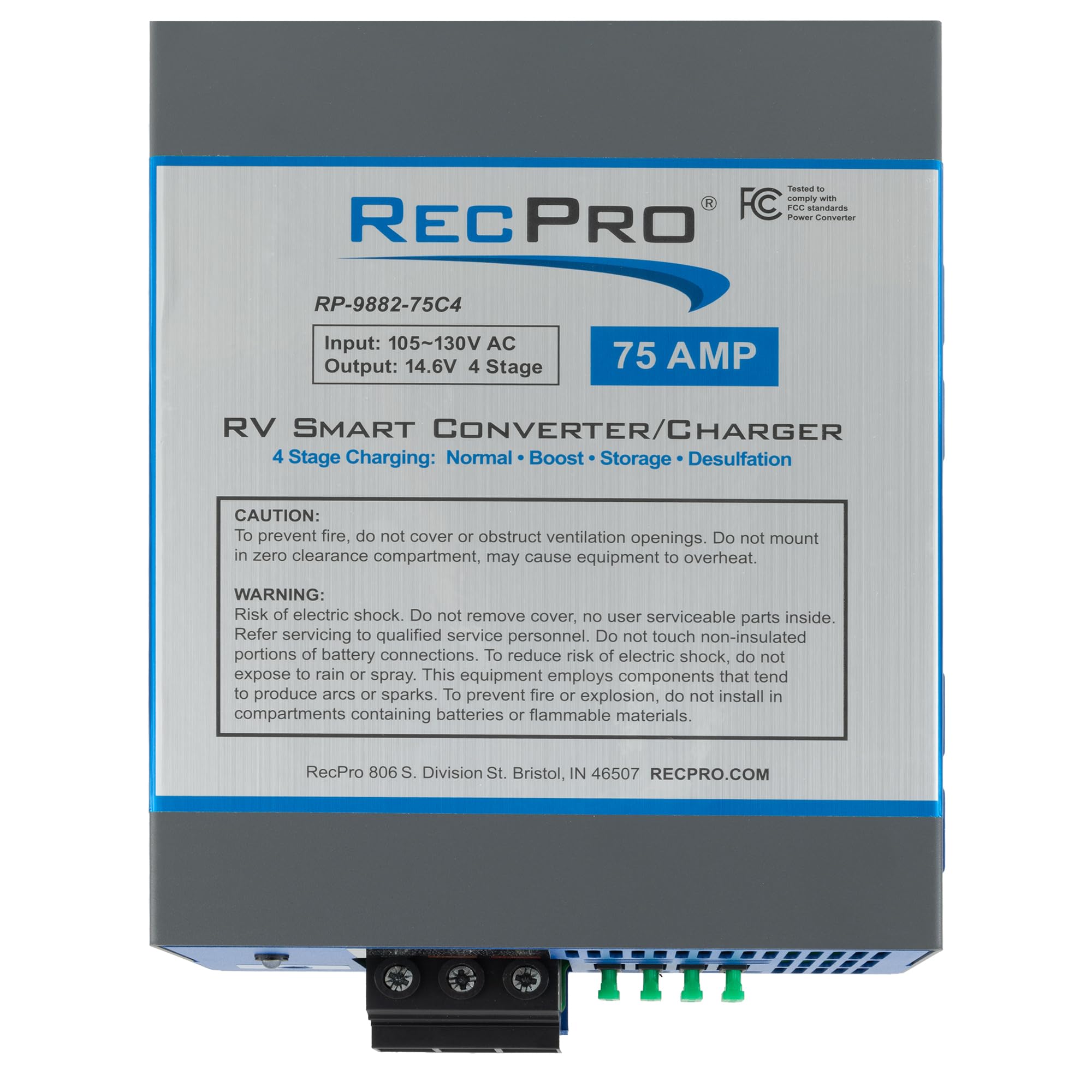 RecPro 75 Amp RV Power Converter & Battery Charger - 4 Stage Smart Charging, 120VAC to 12VDC, 13V-16.5V Operating Range - Perfect for RV, Camper, Travel Trailer & Marine Power Systems