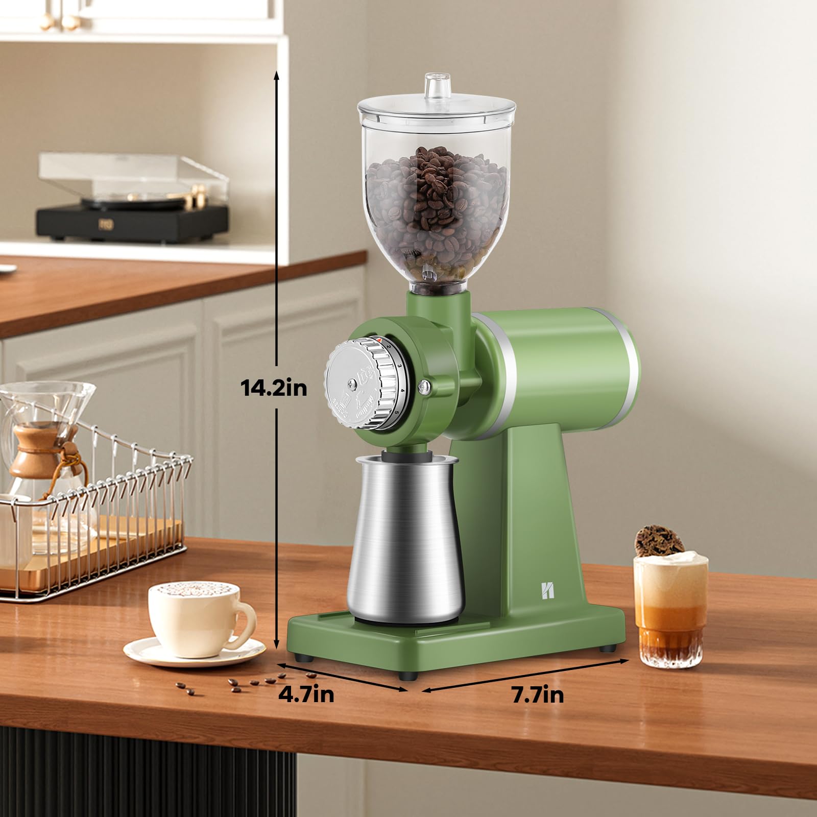 Huanyu 200W Electric Coffee Grinder - 250G Commercial & Home Burr Grinder with 8 Adjustable Grind Settings, Automatic Mill for Espresso, Drip Coffee & French Press (Green) - Perfect for Coffee Shops, Home Kitchens & Office Use