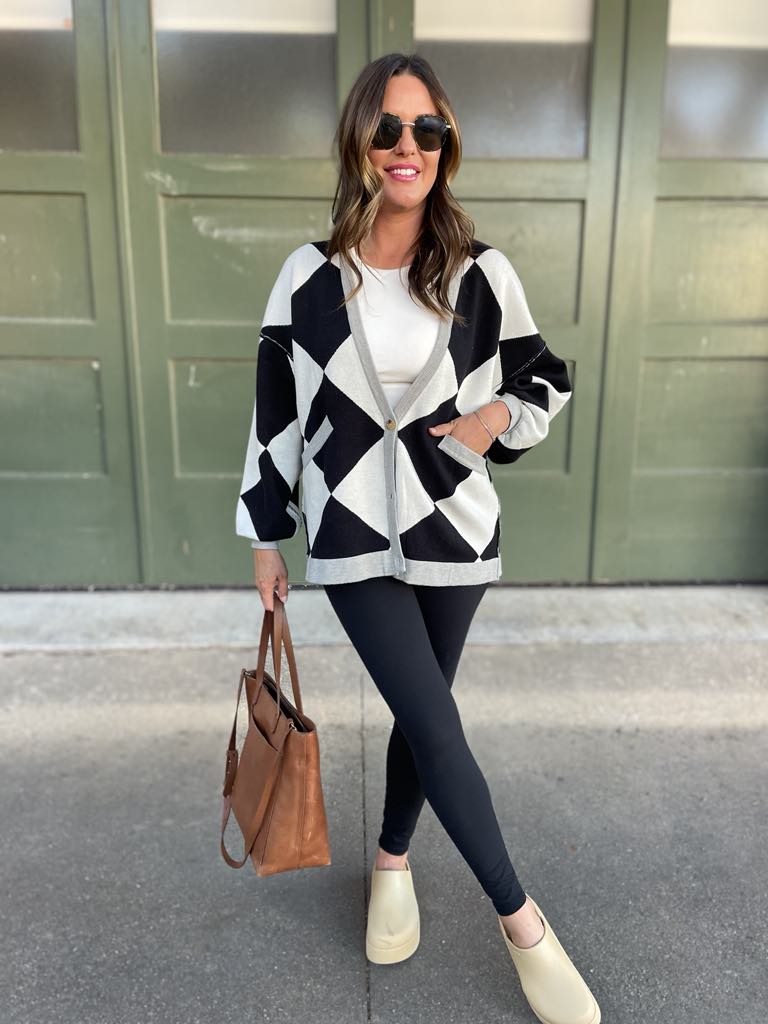 PREORDER: Black Checkers Contrast Trim Cardigan for Women | Stylish Knit Sweater for Fall & Winter | Perfect for Office, Casual Outfits & Layering