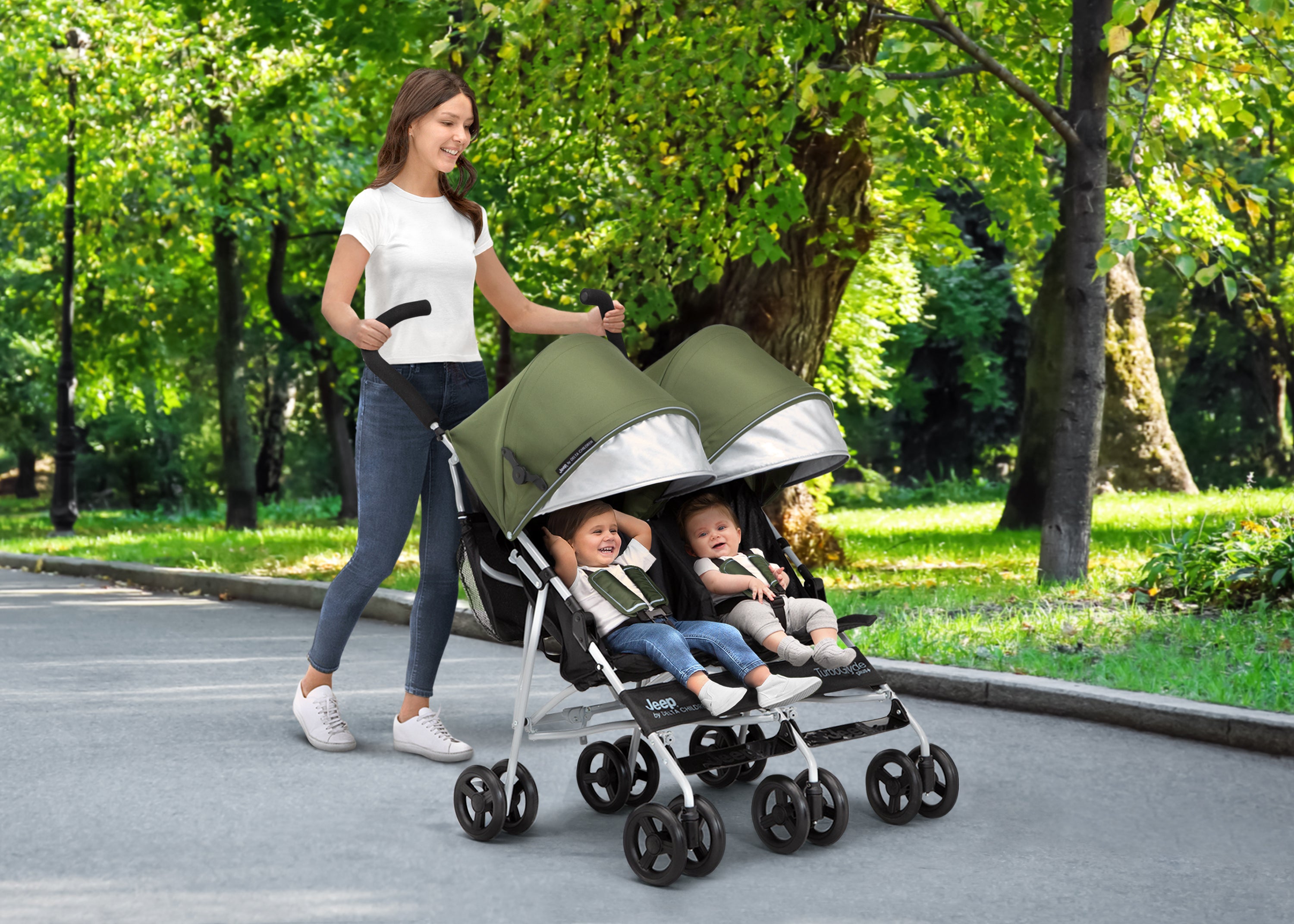 Jeep TurboGlyde Plus Side by Side Double Stroller - Lightweight All-Terrain Baby Stroller for Twins or Siblings - Perfect for Outdoor Walks, Shopping & Travel