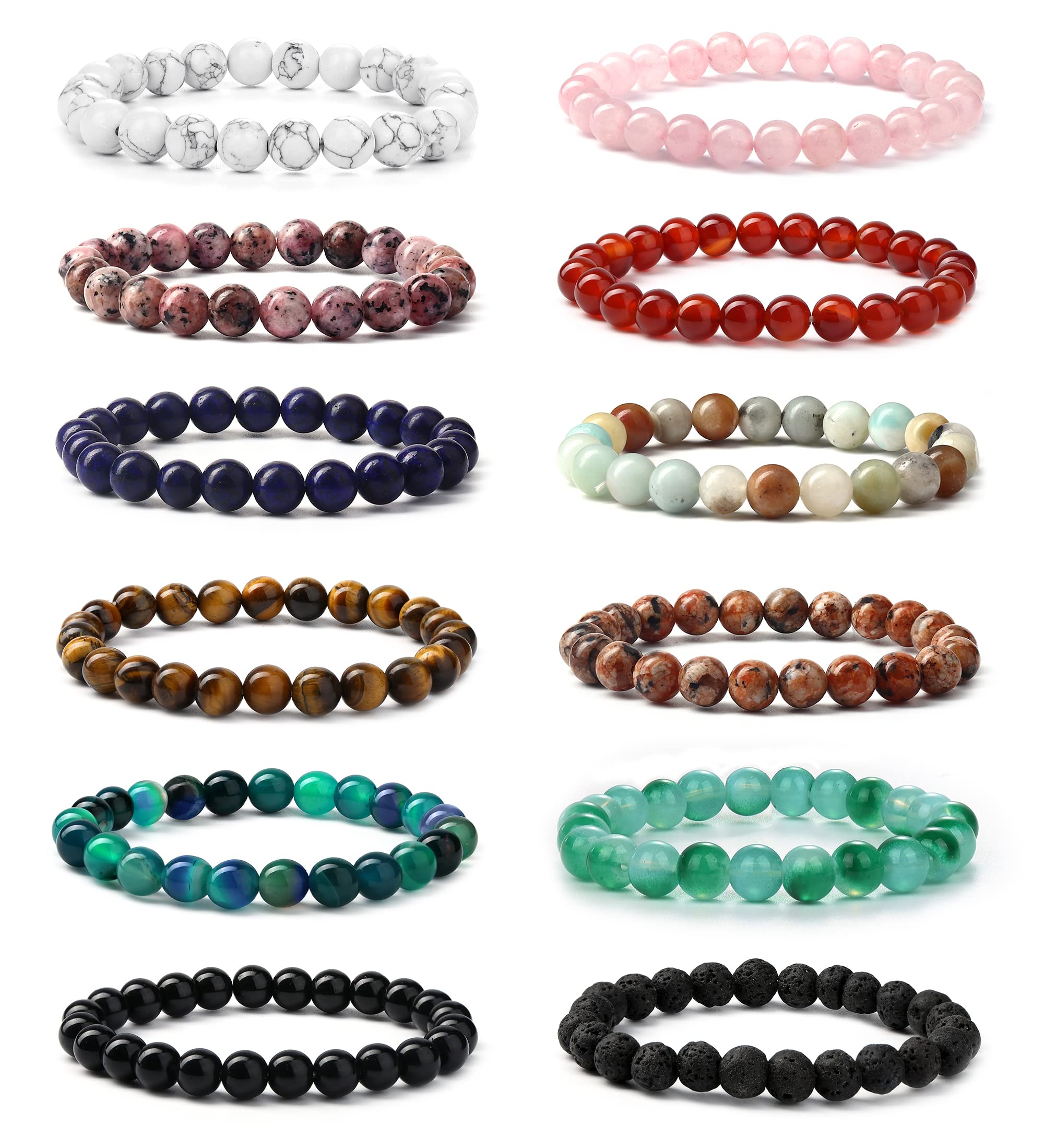 JeryWe 12 Pcs 8mm Beaded Bracelets for Women & Men - Natural Healing Stone Bracelet Set with Semi-Precious Gemstones, Crystal Stretch Adjustable Beaded Bracelets for Daily Wear, Meditation & Gifts