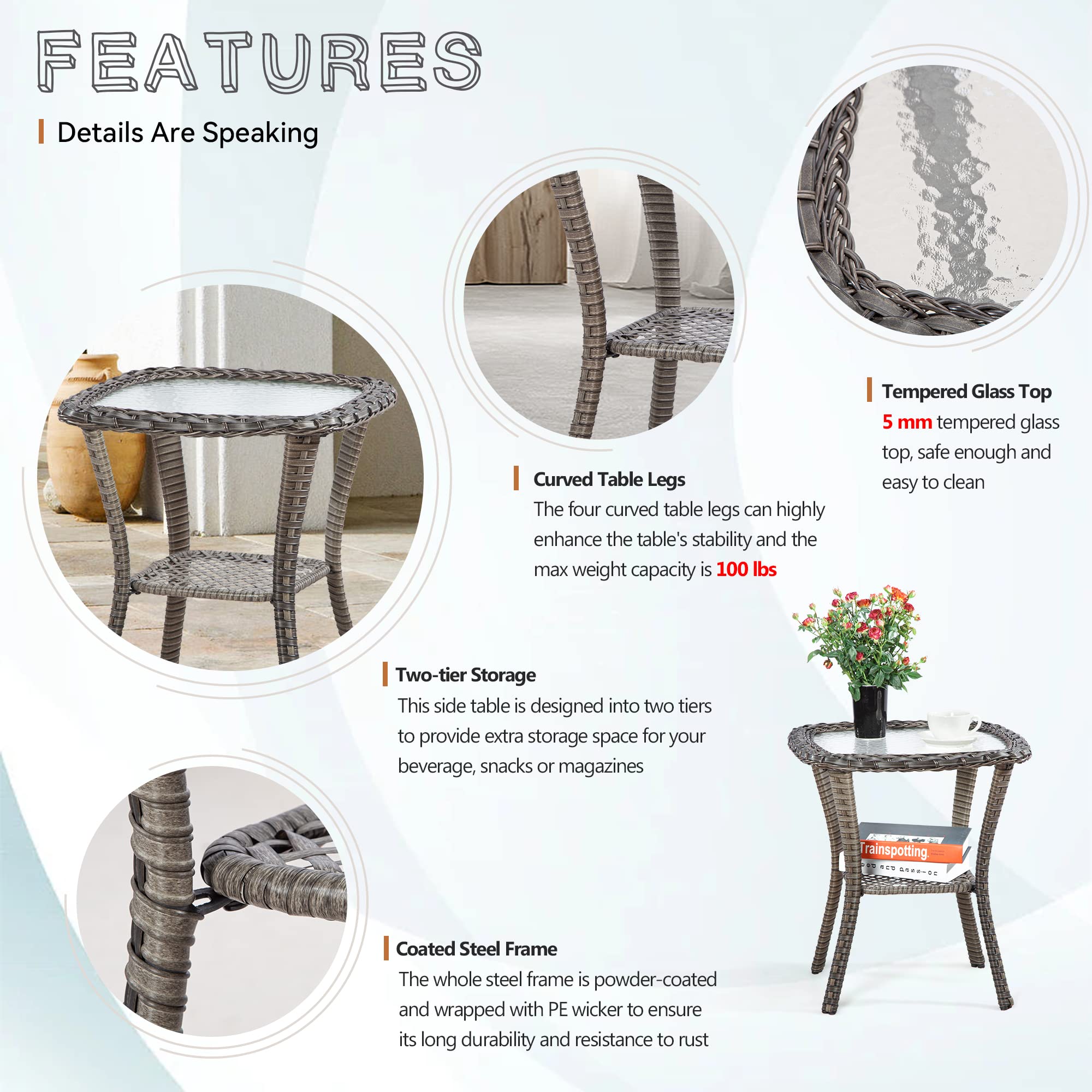 Joyside 20x20x22 Inch Brown Wicker Outdoor Side Table with 5 Inch Tempered Glass Top and Storage Shelf - Perfect Patio Coffee Table for Garden, Poolside, and Outdoor Furniture Sets