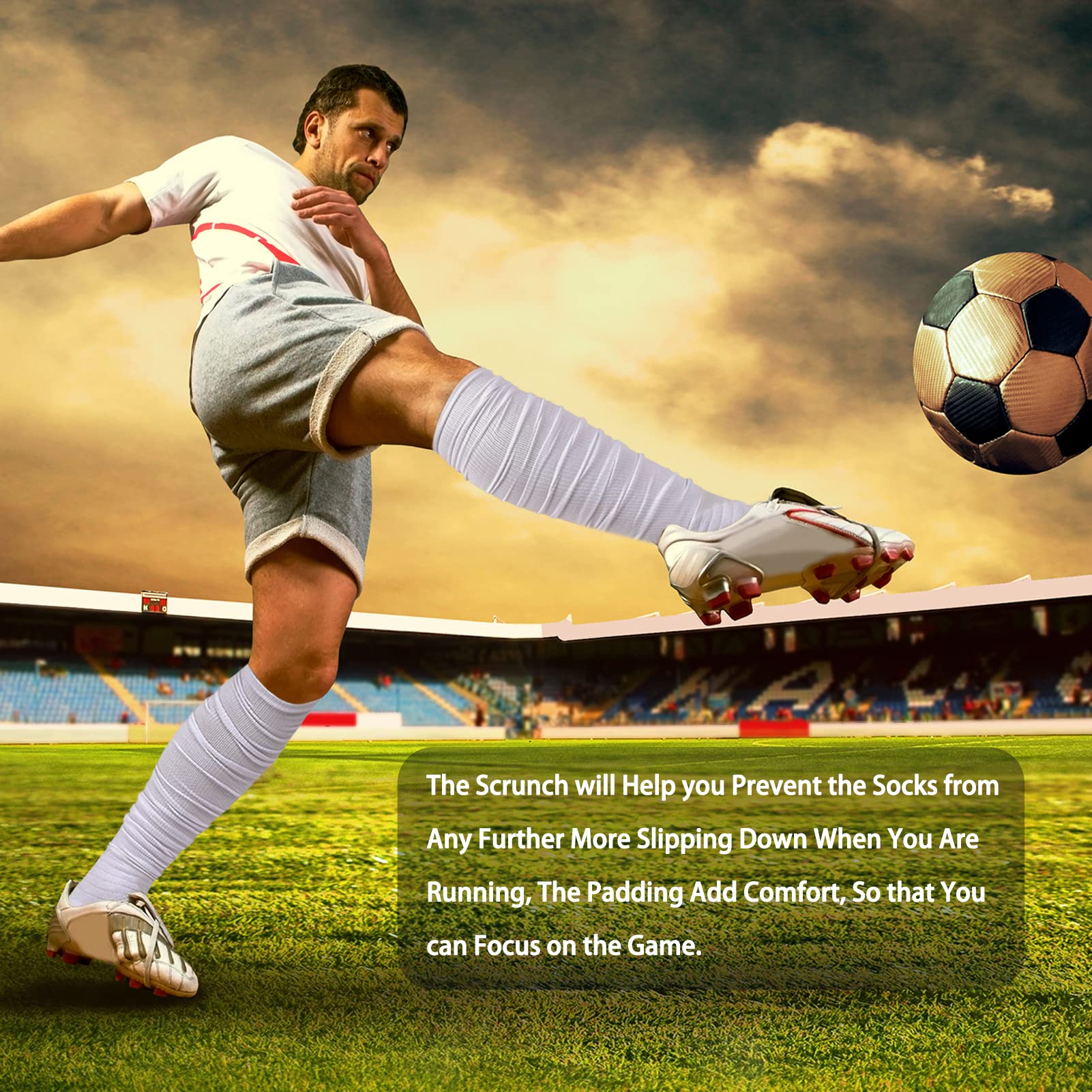 YYXR Non-Slip Extra Long Football Socks for Men - White Knee High Compression Soccer Socks with Scrunchie Design - Perfect for Training, Matches & Athletic Performance
