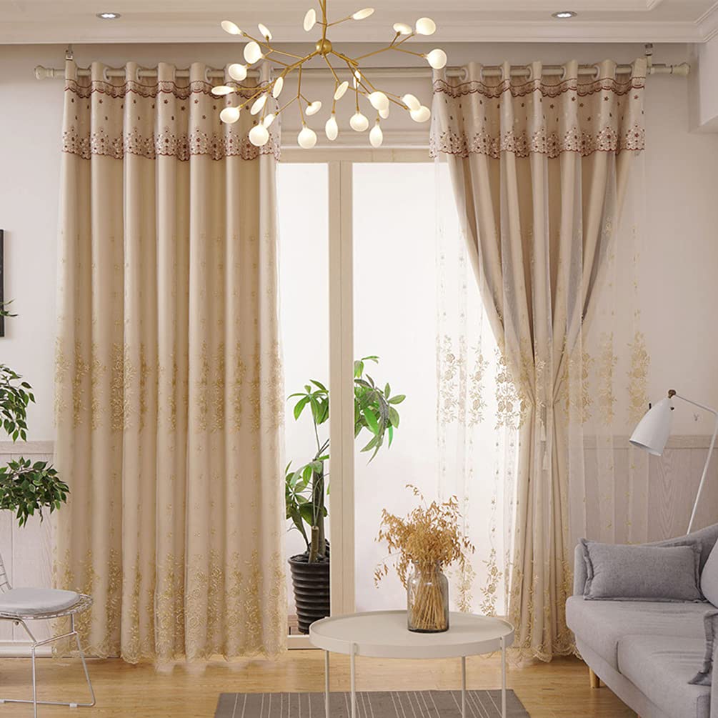 Double Layer Blackout Curtains with Lace Embroidery - Thermal Insulated Energy Saving Tulle Overlay Grommet Drapes for Living Room & Bedroom - Soft Breathable Sheer Blackout Curtain Panel (1 Panel) - Perfect for Light Control, Privacy & Home Decor