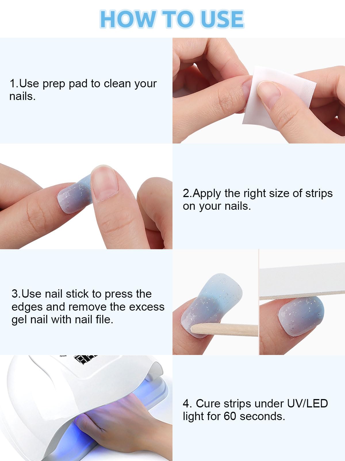 EBANKU 32PCS Cured Gel Nail Strips - Long Lasting Waterproof Nail Polish Stickers, Full Wrap DIY Nail Art Kit with UV/LED Lamp Required (Blue) | Perfect for Salon, Home Manicure, Parties & Special Occasions