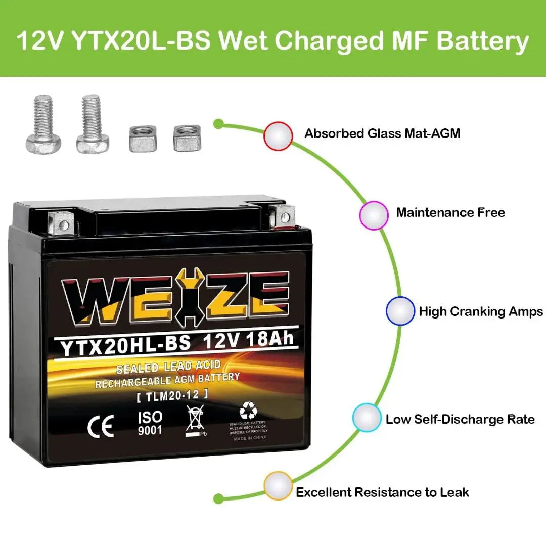 WEIZE YTX20HL BS 12V 18Ah High Performance AGM Motorcycle Battery - Maintenance Free, Sealed, Compatible with ATVs, Scooters & Powersports Vehicles - Perfect for Off-Road Adventures & Daily Commuting