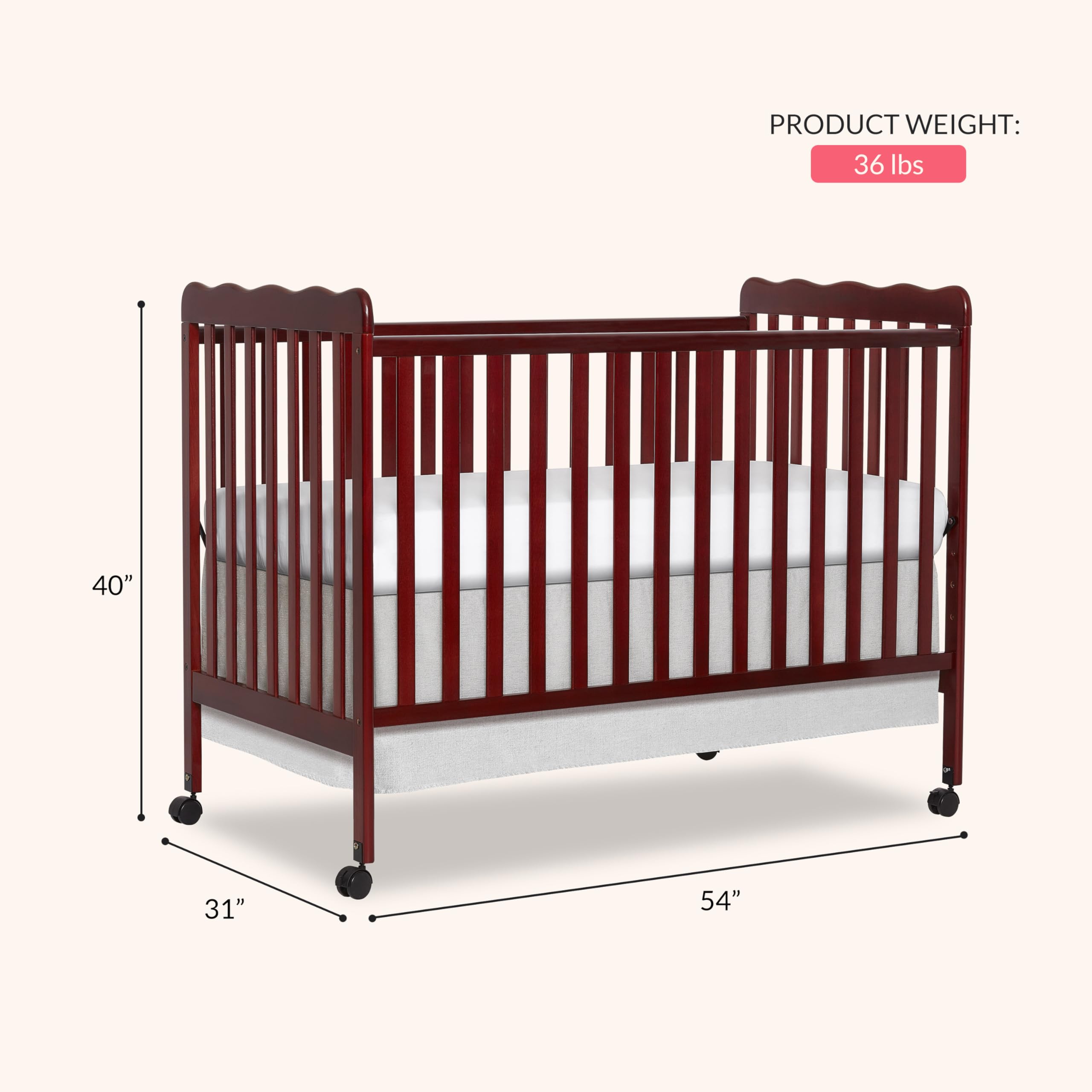 Dream On Me Carson Classic 3-in-1 Convertible Crib - Cherry GreenGuard Gold & JPMA Certified Baby Crib with Locking Wheels | Converts to Toddler Daybed & Kids Sofa | Safe Nursery Furniture for Newborns & Toddlers | Perfect for Baby Rooms, Daycare Centers & Guest Rooms