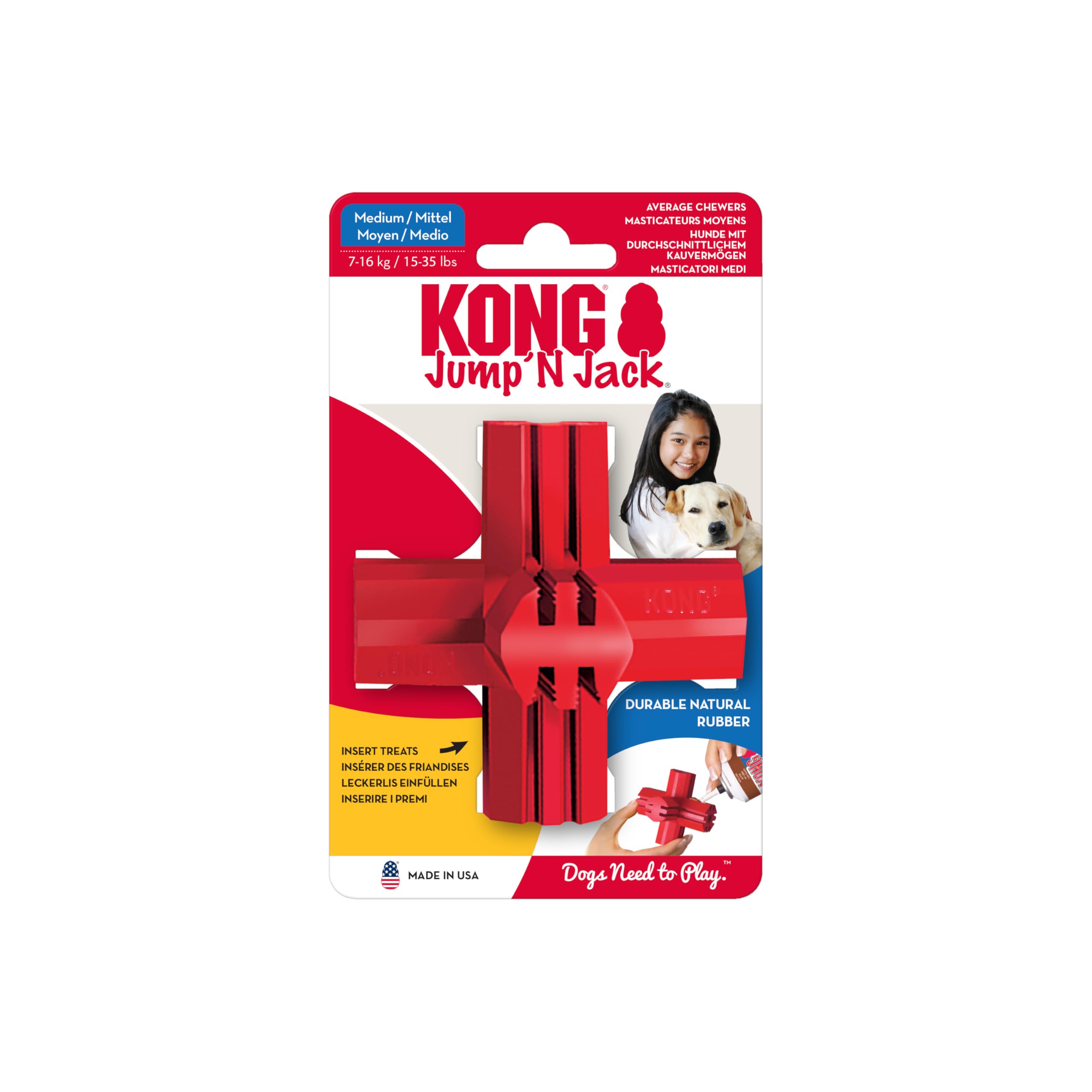 KONG Jump'N Jack - Durable Natural Rubber Chew Toy for Medium Dogs - Promotes Dental Health & Satisfies Chewing Instincts - Use with Treats or Peanut Butter for Extended Play - Perfect for Indoor & Outdoor Playtime