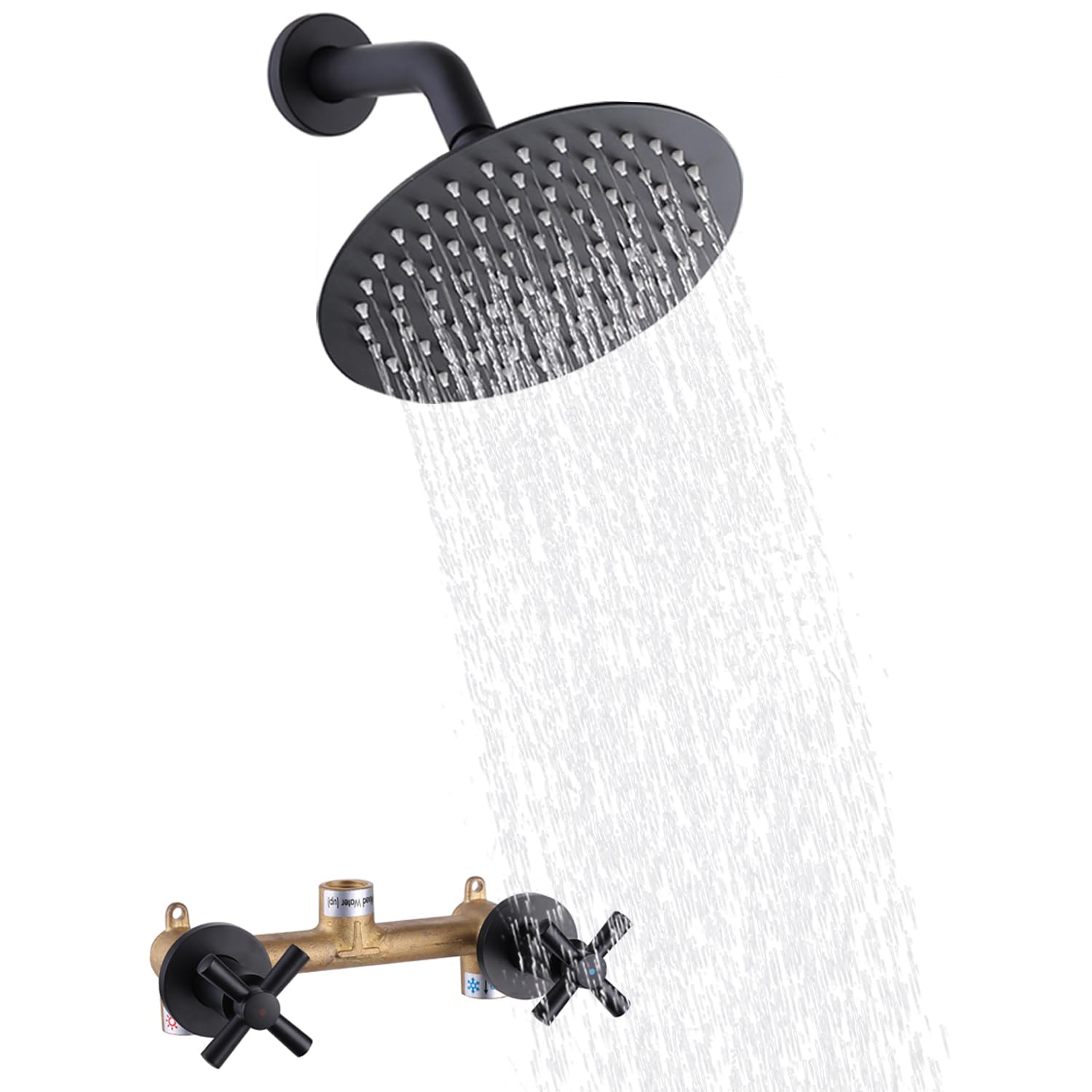 FSCEPIXI Matte Black 2 Handle Shower System with 8 Inch Rainfall Shower Head - Single Function Shower Trim Kit with Rough-in Valve, Wall Mount - Perfect for Modern Bathroom Renovation and Spa-Like Shower Experience