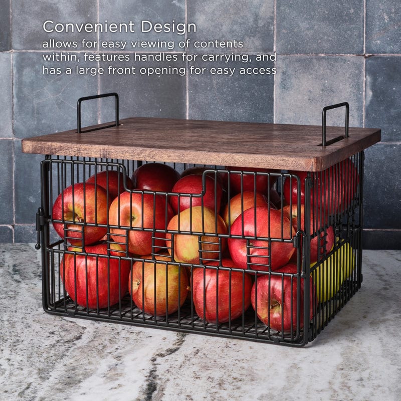 Madam Grid Stacking & Nesting Basket with Mango Wood Lid - Organize Pantry, Bathroom, or Office Supplies - Stylish Storage Solution for Home Decor