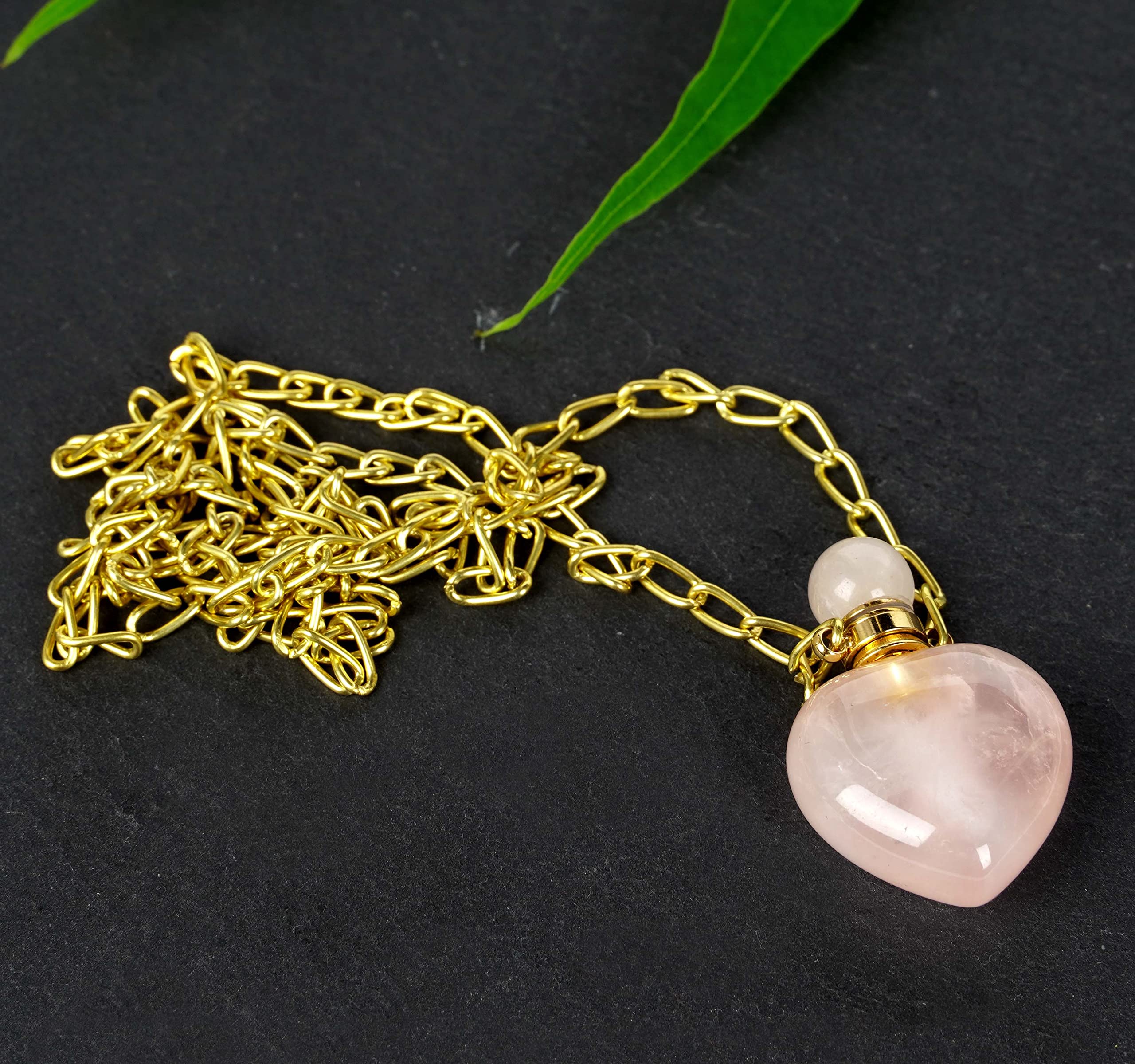 Natural Rose Quartz Pendant Necklace - Healing Crystal Gemstone Perfume Bottle Essential Oil Diffuser with Gold Plated Chain for Men & Women | Spiritual Healing, Meditation & Fashion Jewelry Gift