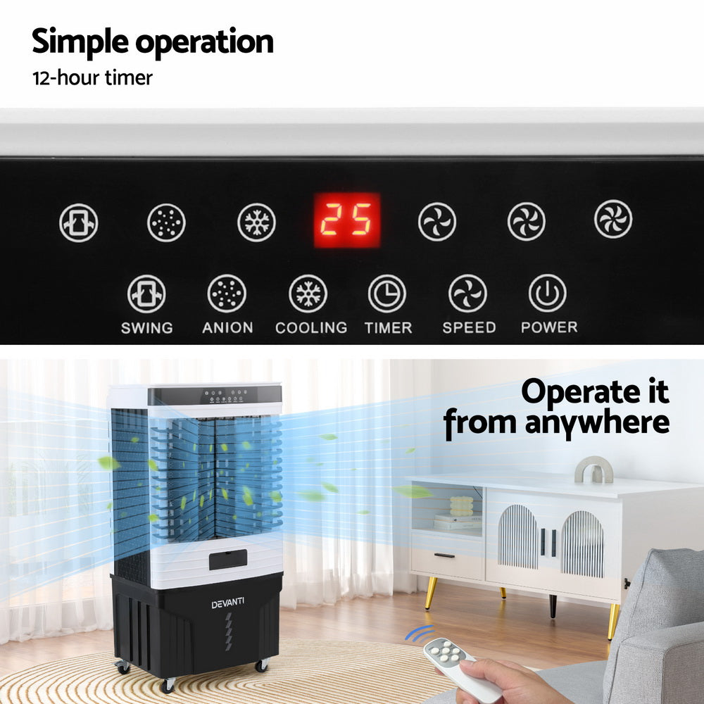 Devanti 60L Portable Evaporative Air Cooler - Energy Efficient Cooling for Home, Office & Outdoor Use - Perfect for Bedrooms, Living Rooms, Patios & Garages