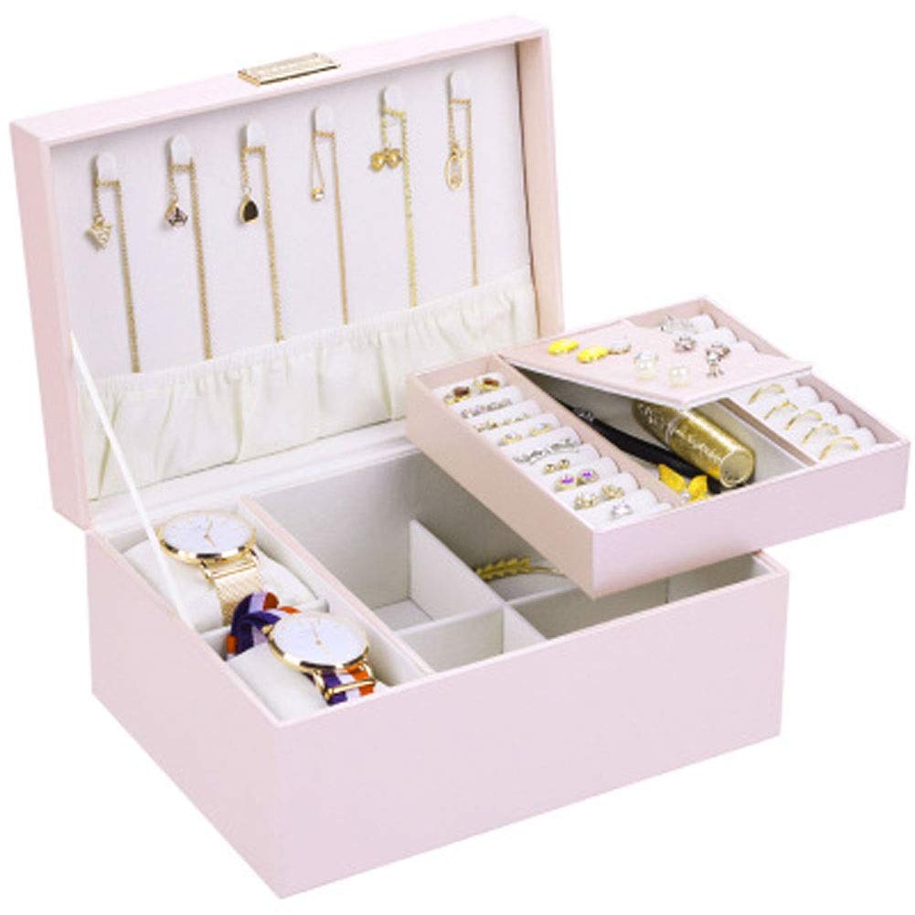 Large Capacity PU Leather Jewelry Organizer Box - Double Layer Watch & Earring Storage Case for Women, Travel & Home Use - Pink H-2020-12-11 | Perfect for Bedroom, Living Room & Gift Giving