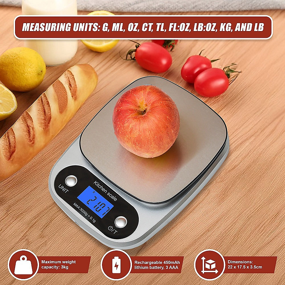 0.1g High Precision Digital Kitchen Scale - 3KG Rechargeable Food Scale for Baking, Cooking, and Portion Control | Perfect for Home, Restaurant & Meal Prep