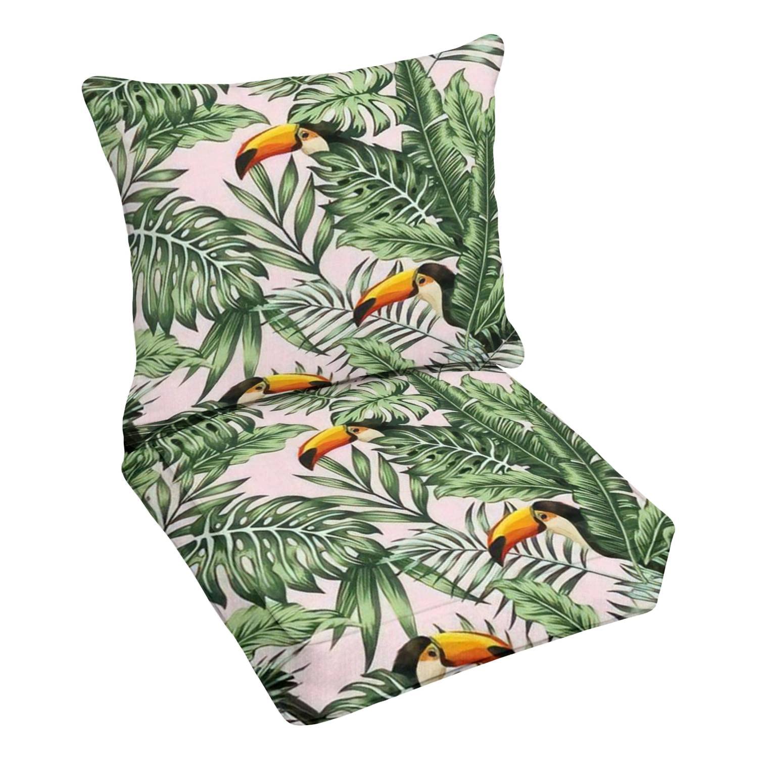 Premium Outdoor Deep Seating Cushion Set - Tropical Green Jungle Palm & Monstera Leaf Design with Trendy Bird Pattern - Water-Resistant Patio Furniture Replacement Cushions for Lounge Chairs, Sofas & Outdoor Conversation Sets - Perfect for Poolside, Patio, Deck and Garden Relaxation