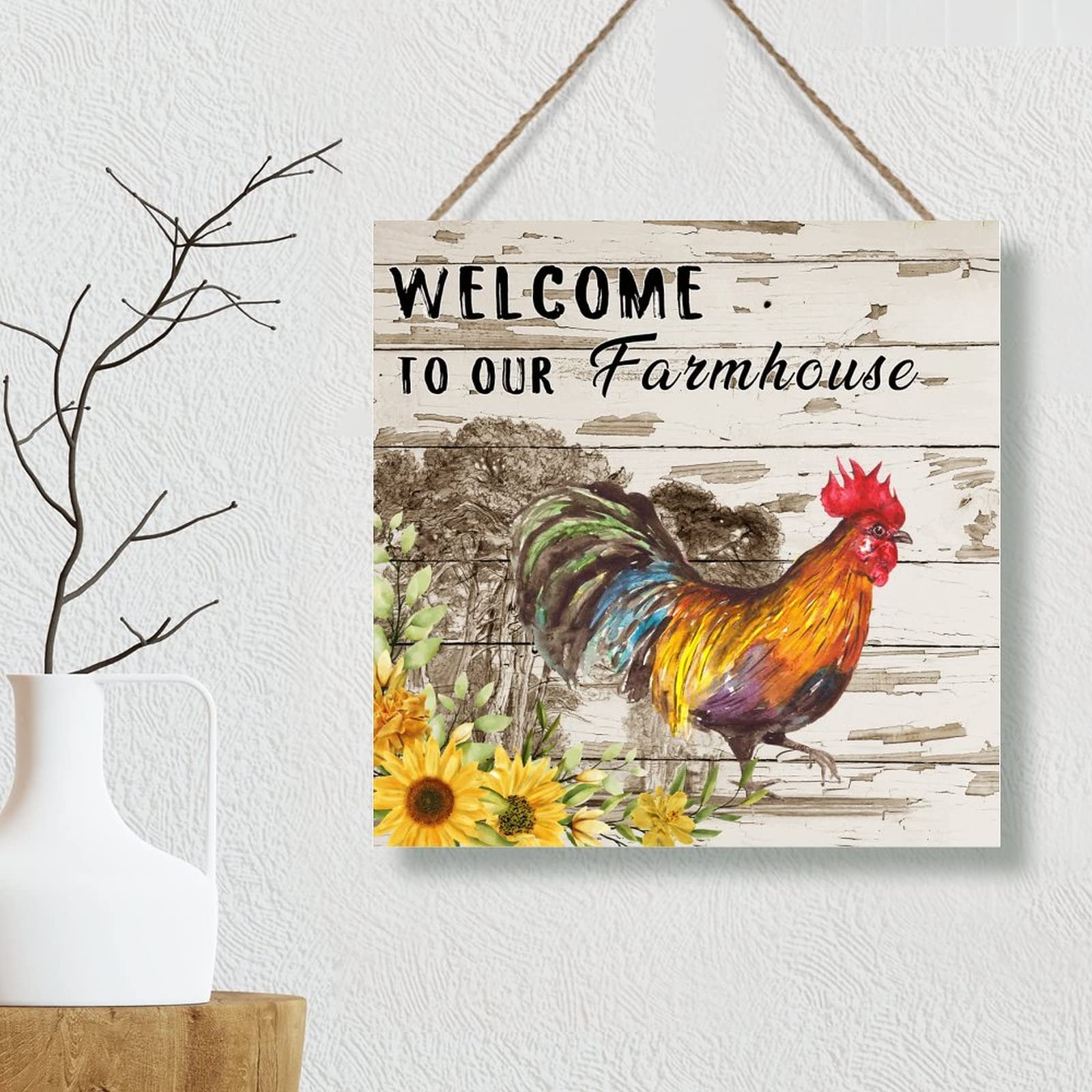 Distressed Wooden Welcome Sign - Rustic Farmhouse Wall Art with Chicken & Rooster Design - Perfect for Farmhouse Decor, Chicken Coop, Game Room or Playroom - 8x8 Inches