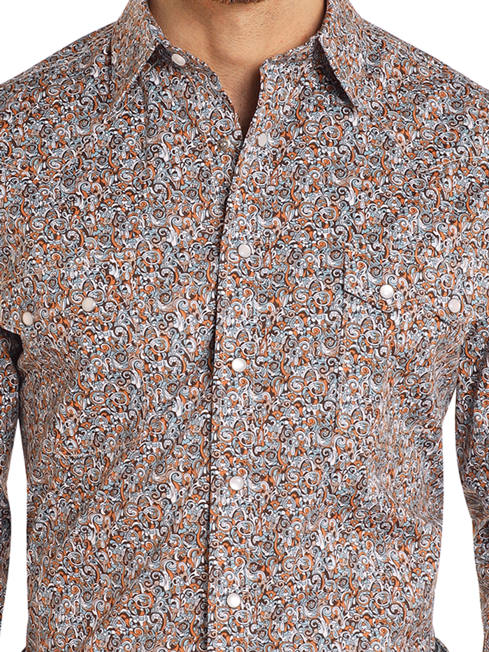 Men's Western Snap Long Sleeve Shirt in Orange - Classic Cowboy Style for Rodeo, Ranch Work & Casual Wear